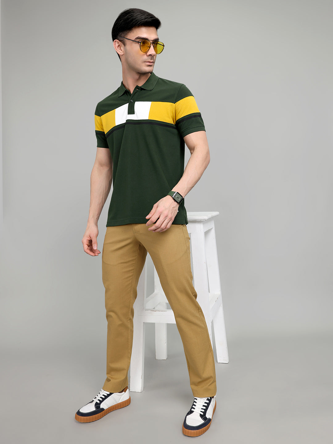Rock.it Men Olive Colourblocked Collar Half Sleeve T-Shirt