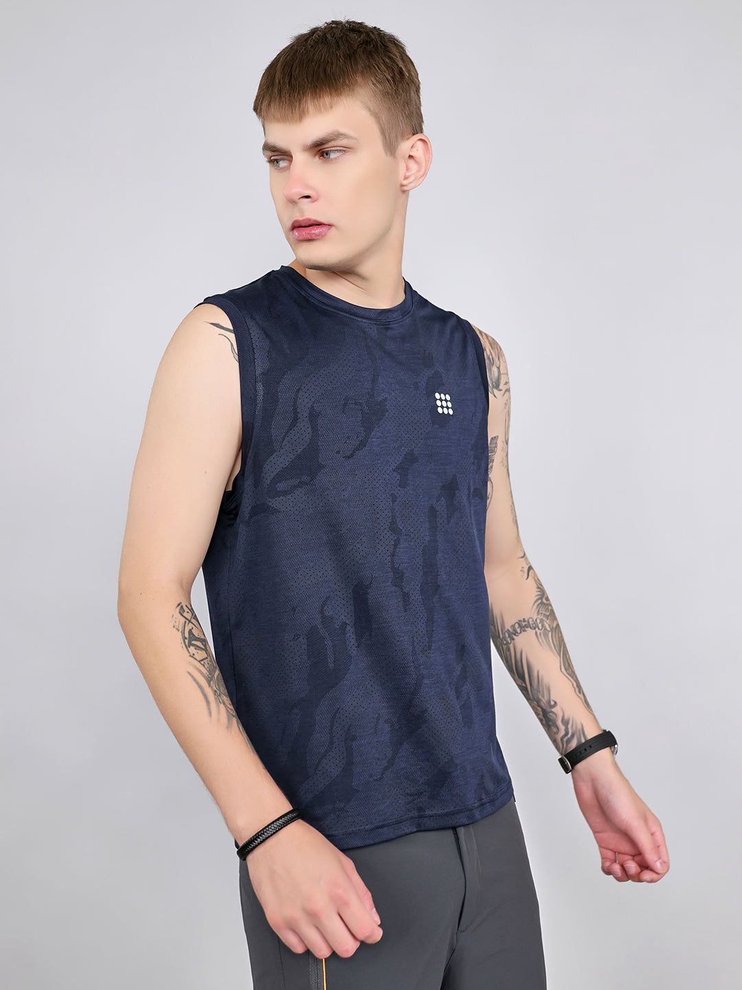 Rock.it Men Navy Blue Jacquard Round Neck Sleeveless T-Shirt