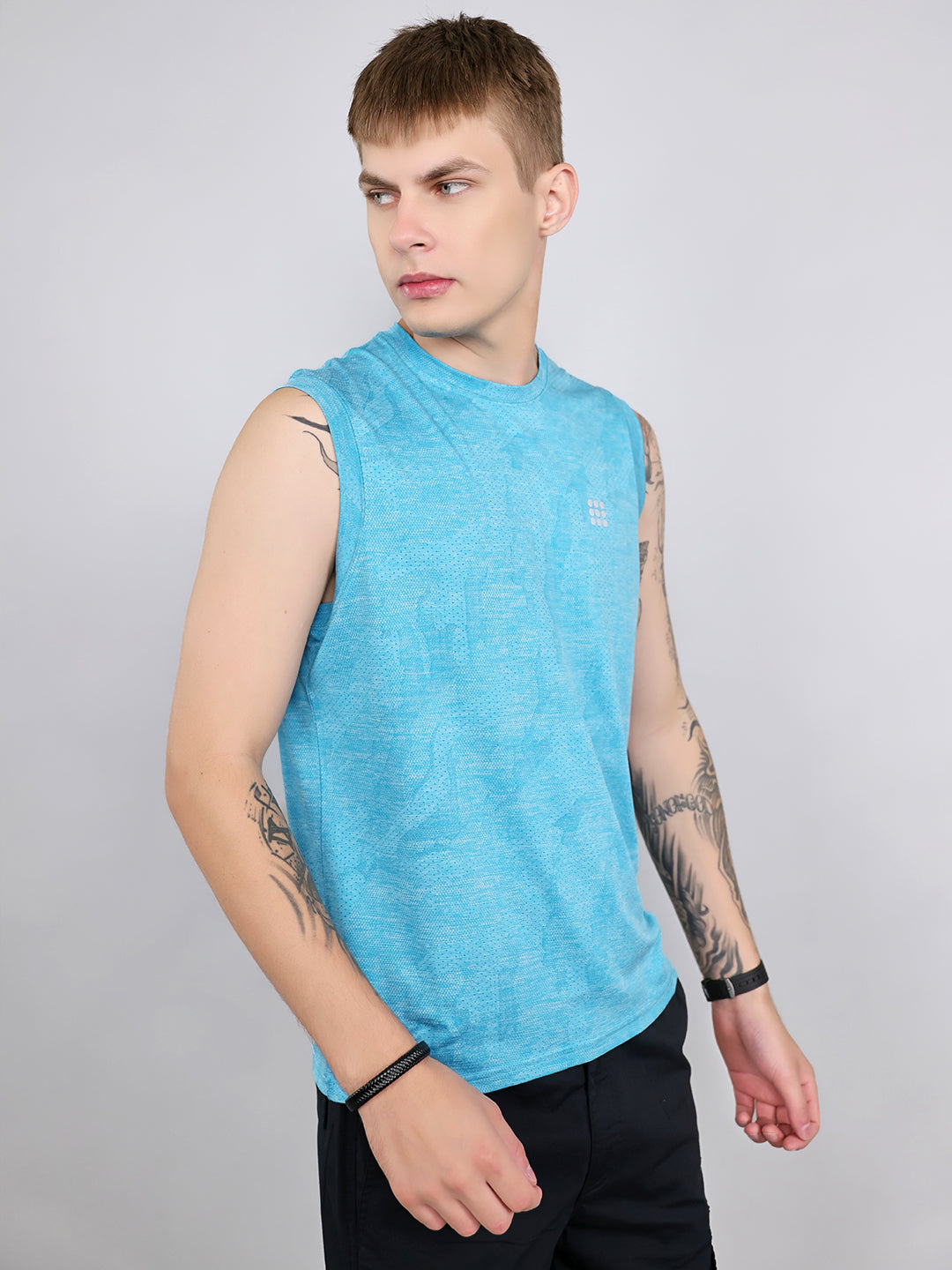 Rock.it Men Blue Jacquard Round Neck Sleeveless T-Shirt
