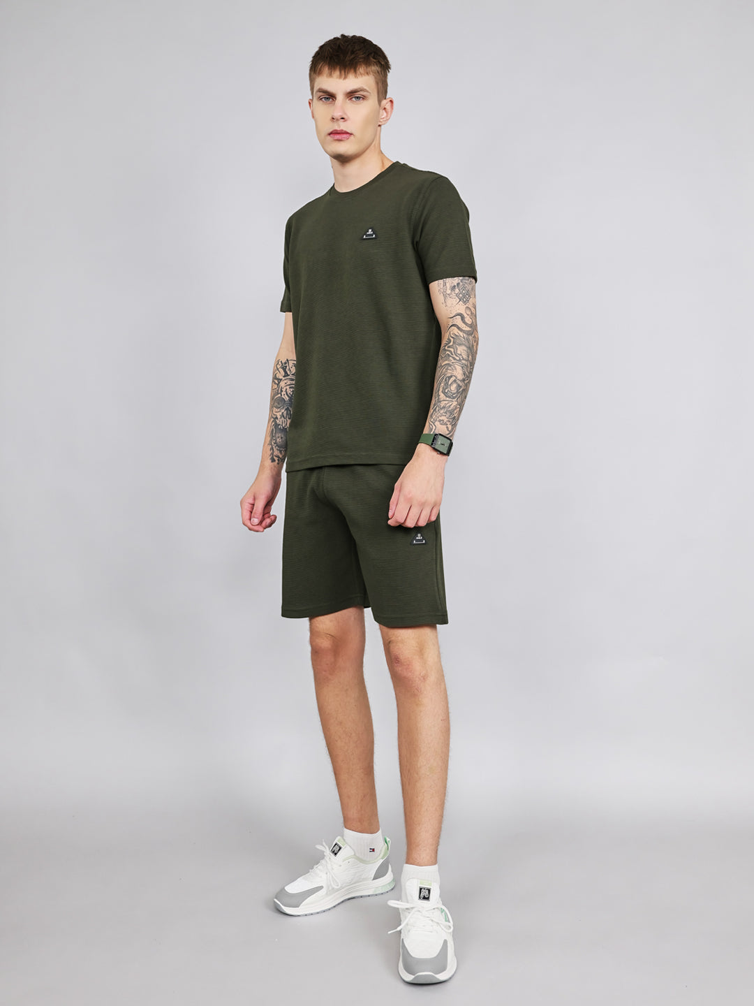 Rock.it Men Olive Self Design Round Neck Half Sleeve Cords Set