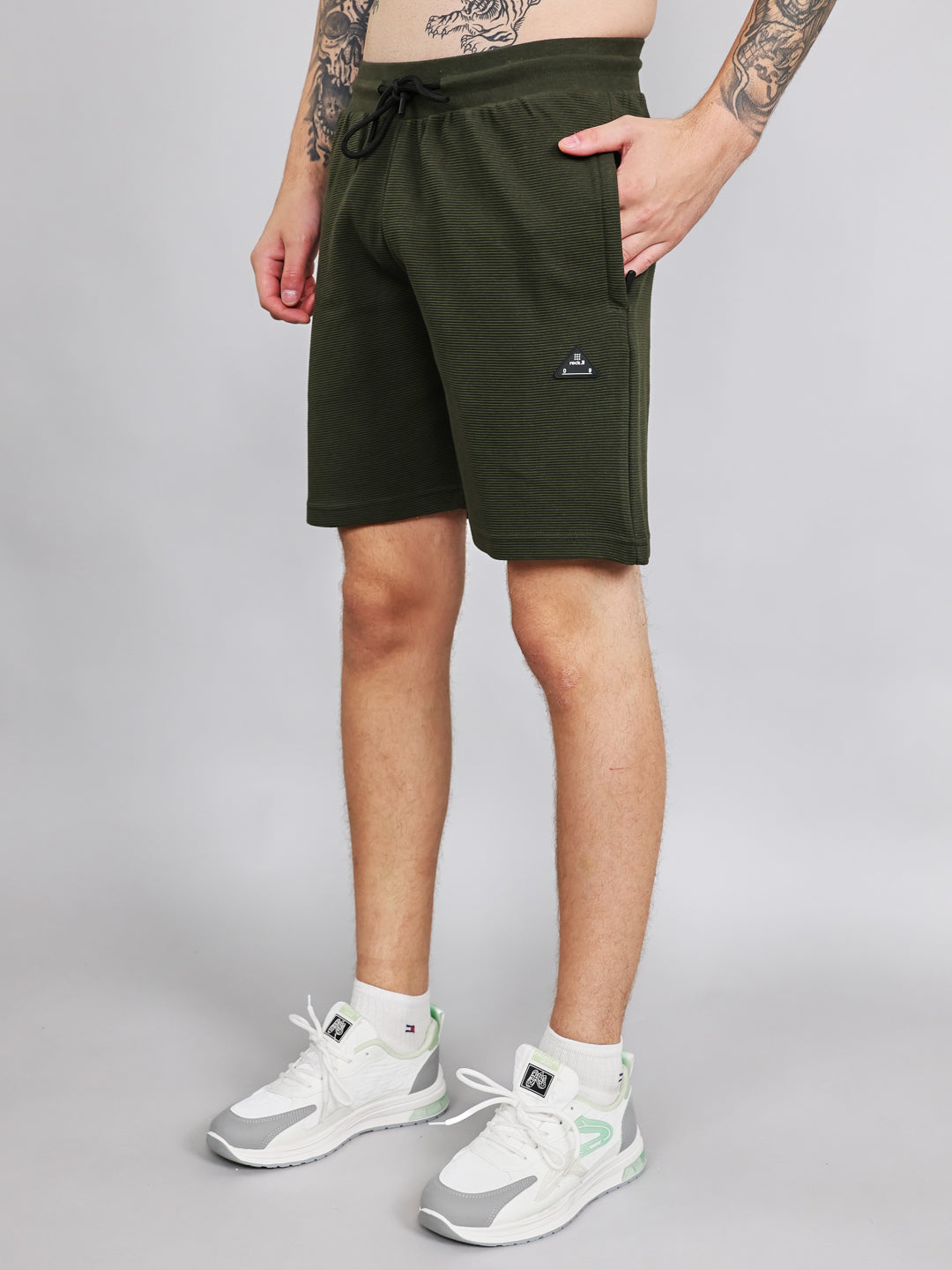 Rock.it Men Olive Self Design Round Neck Half Sleeve Cords Set