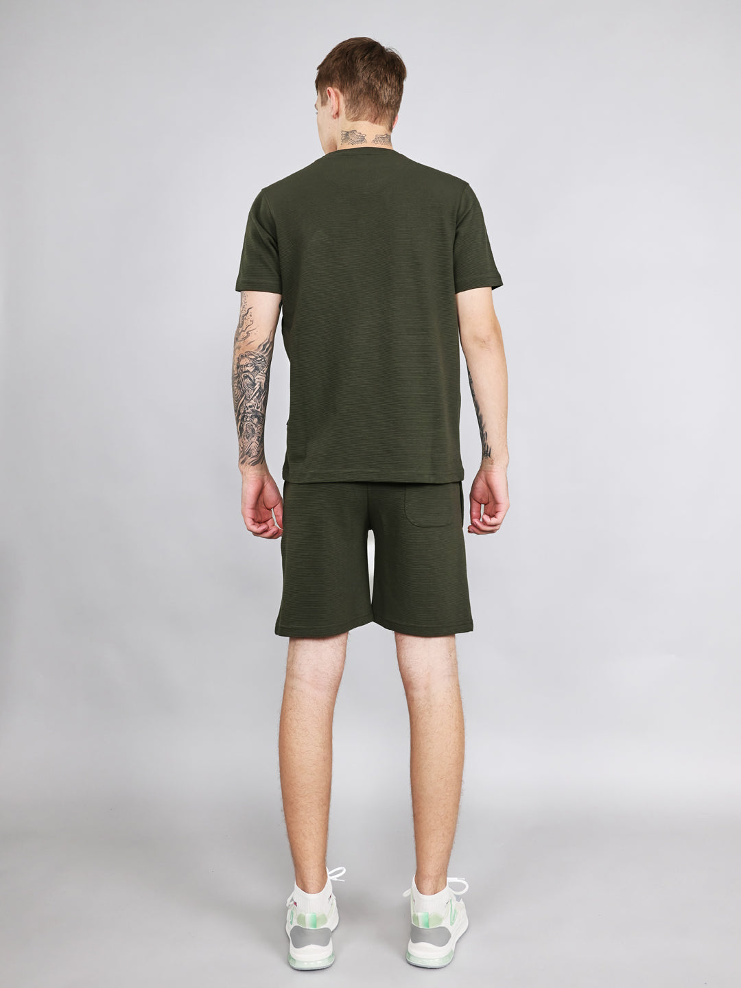 Rock.it Men Olive Self Design Round Neck Half Sleeve Cords Set