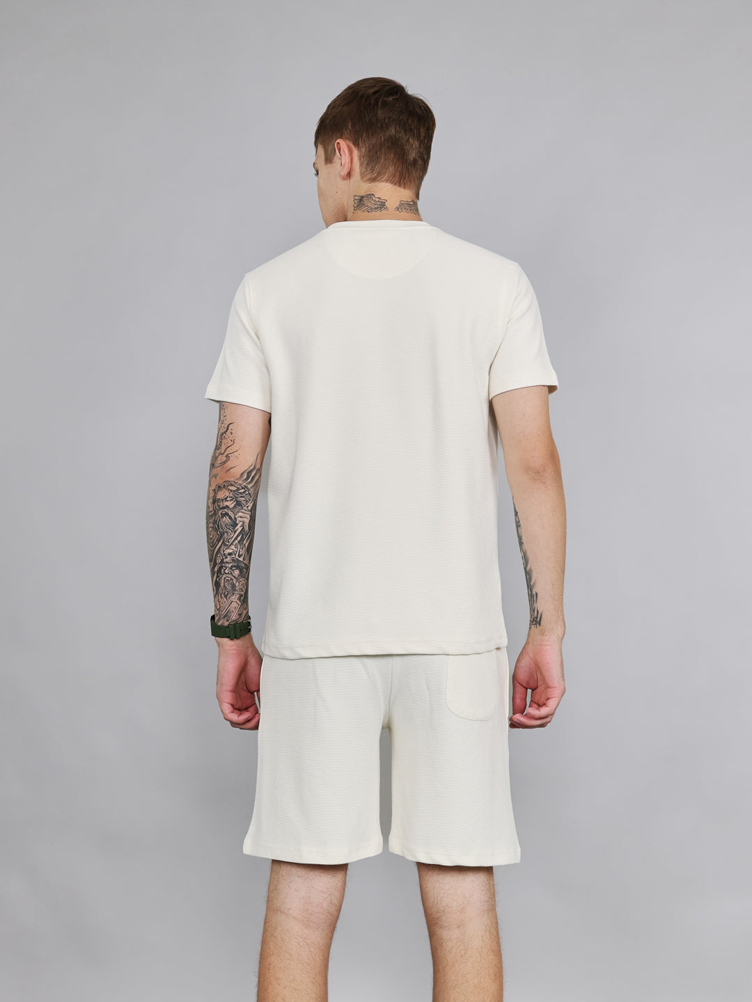 Rock.it Men Off White Self Design Round Neck Half Sleeve Cords Set