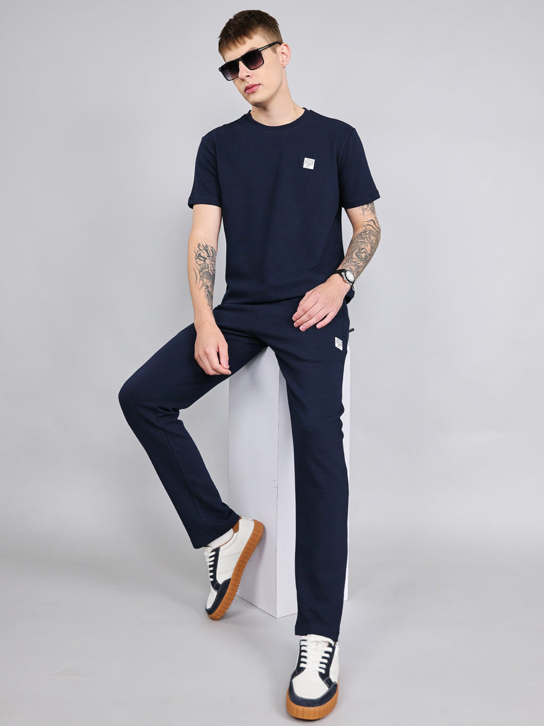 Rock.it Men Navy Blue Solid Round Neck Half Sleeve Cords Set