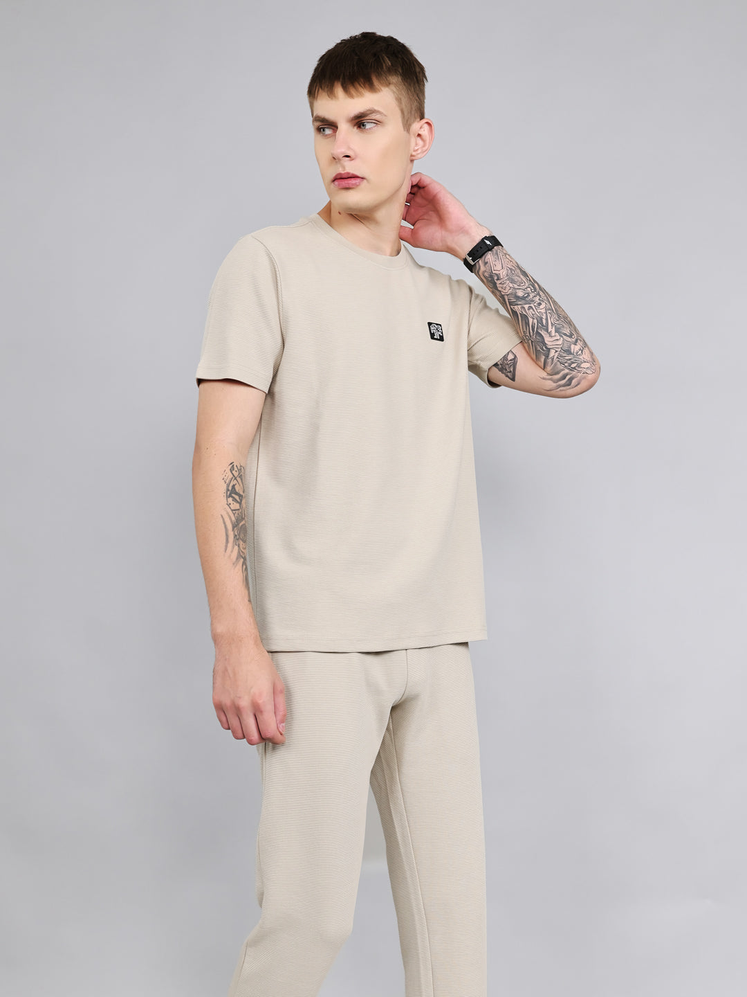 Rock.it Men Cream Solid Round Neck Half Sleeve Cords Set