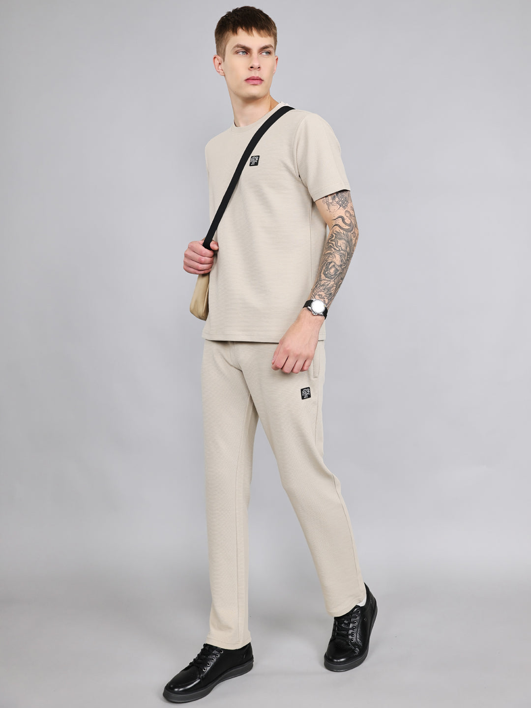 Rock.it Men Cream Solid Round Neck Half Sleeve Cords Set