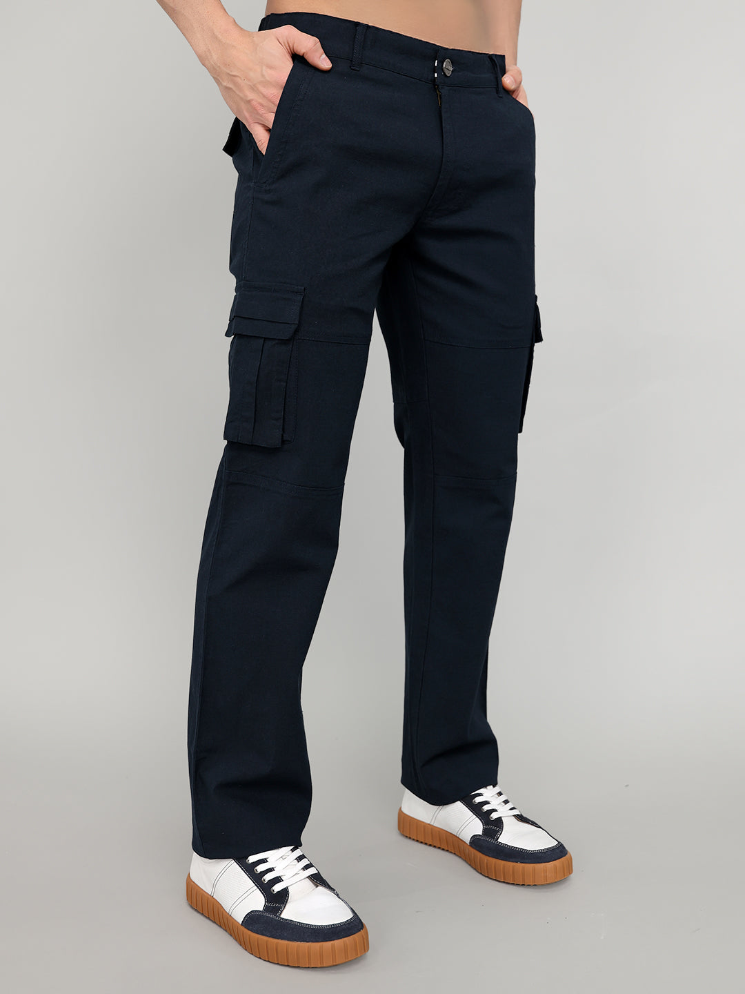 Rock.it Men Navy Blue Solid Slim Fit Cargo