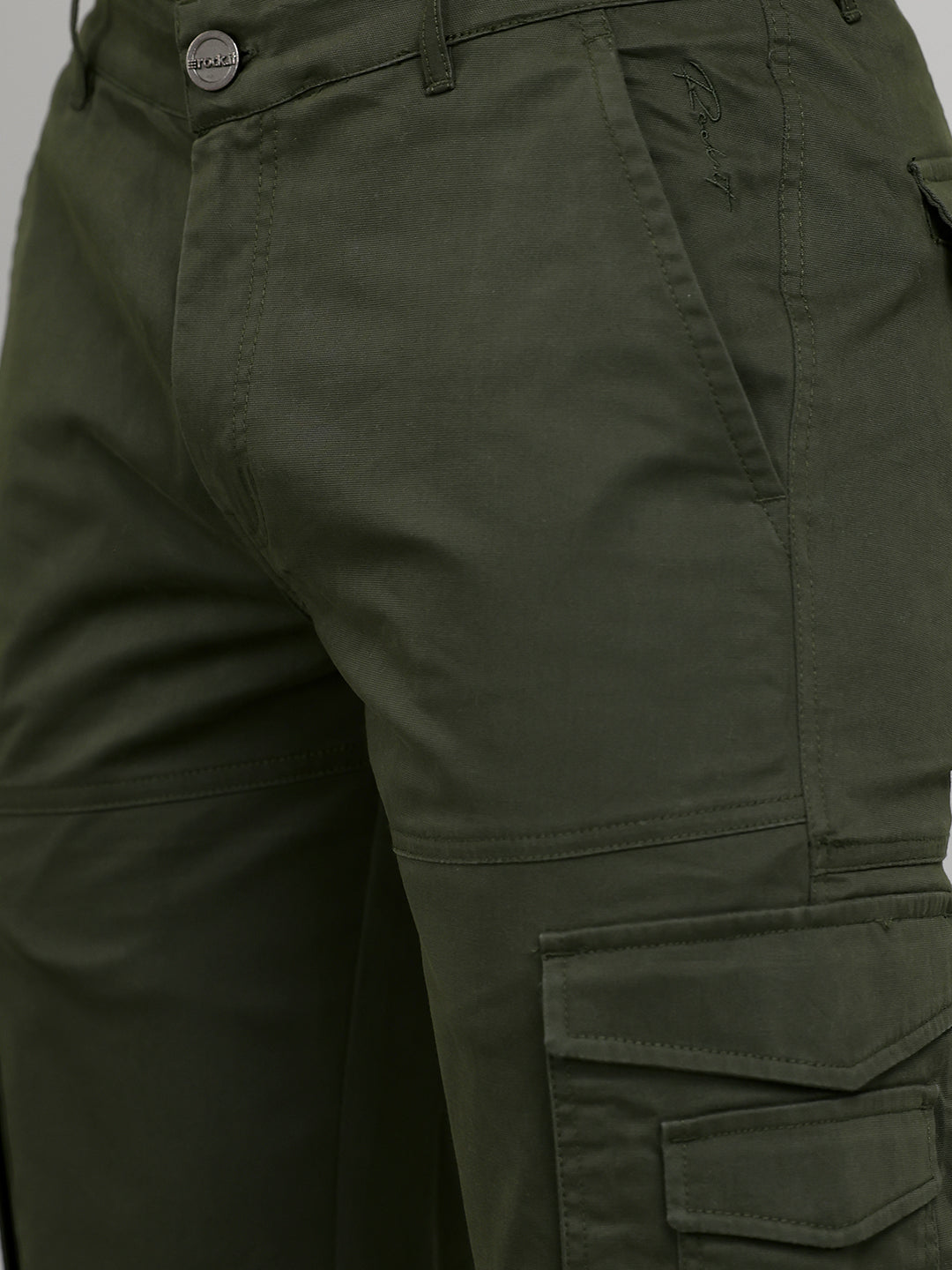 Rock.it Men Olive Solid Slim Fit Cargo