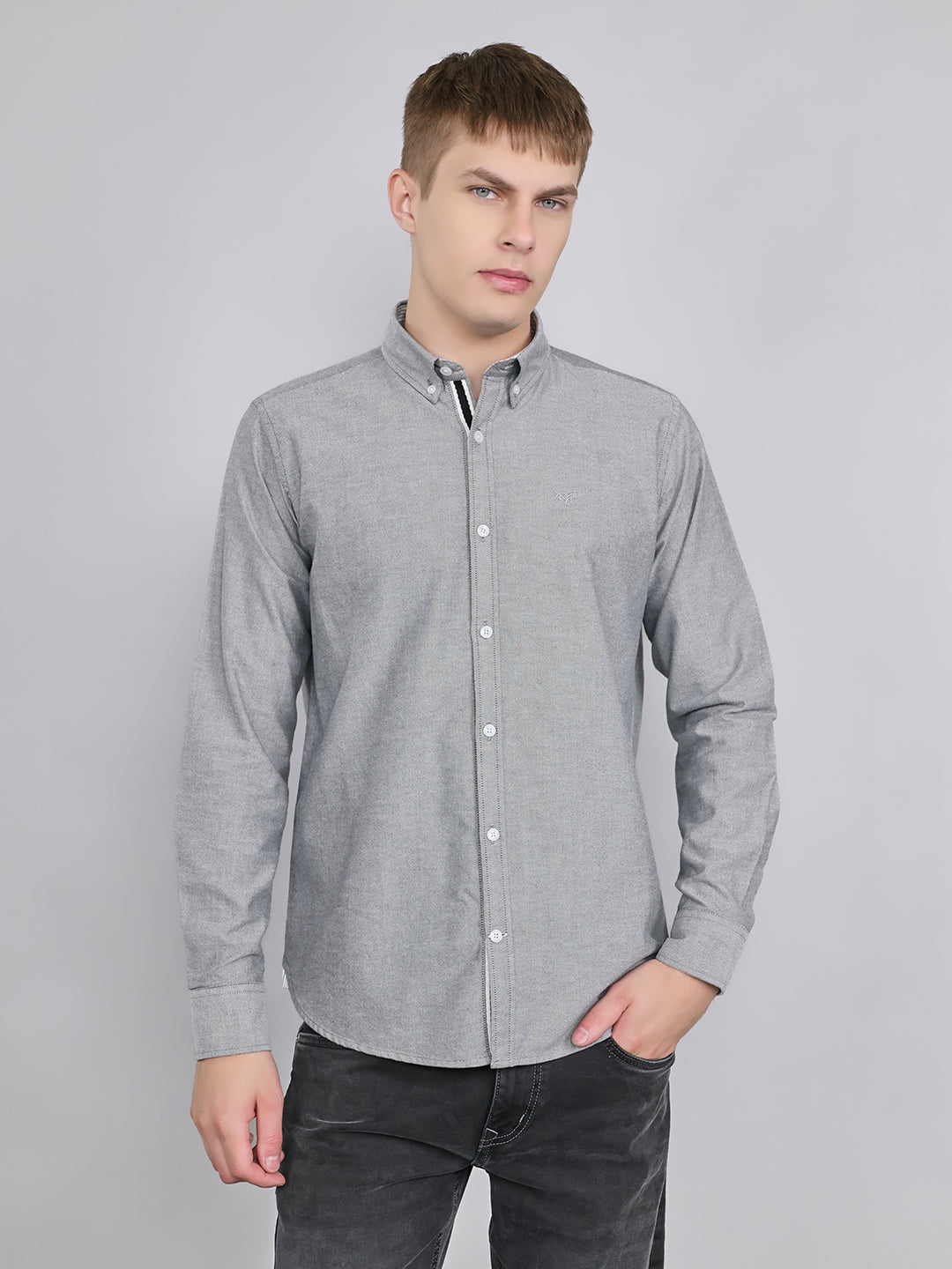 Rock.it Men Grey Solid Collar Full Sleeve Shirt
