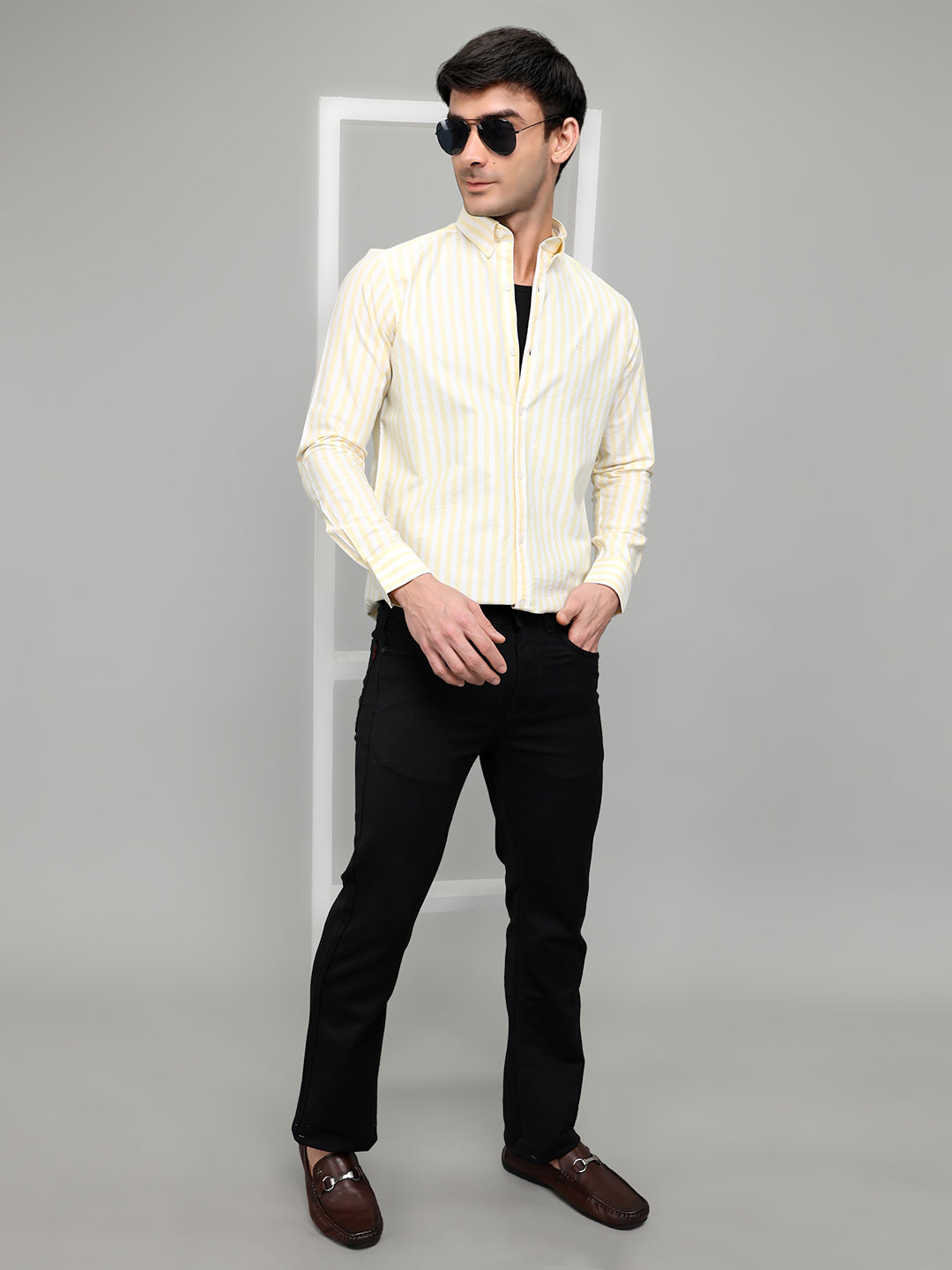 Rock.it Men Yellow Stripe Collar Full Sleeve Shirt