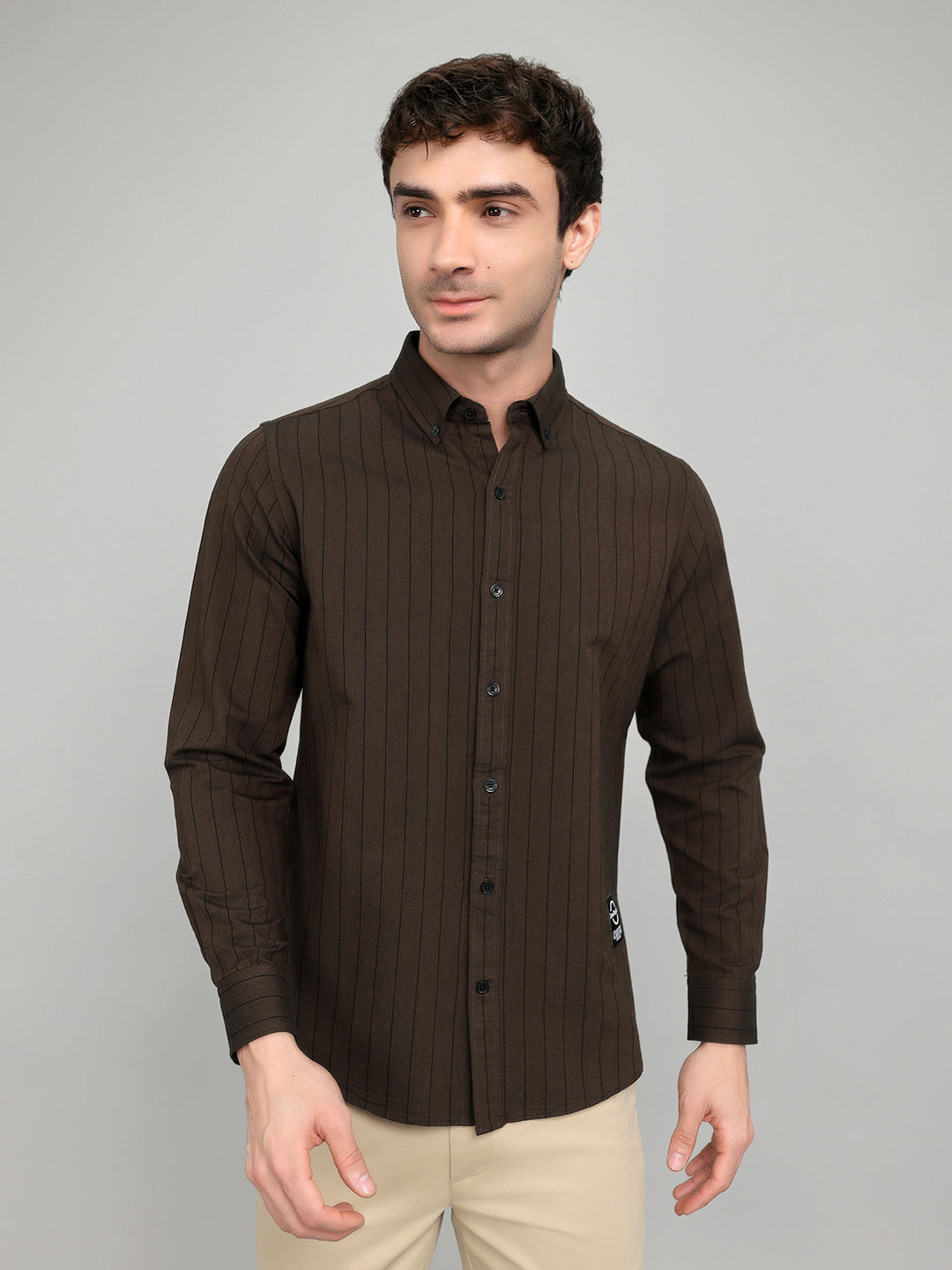 Rock.it Men Brown Stripe Collar Full Sleeve Shirt