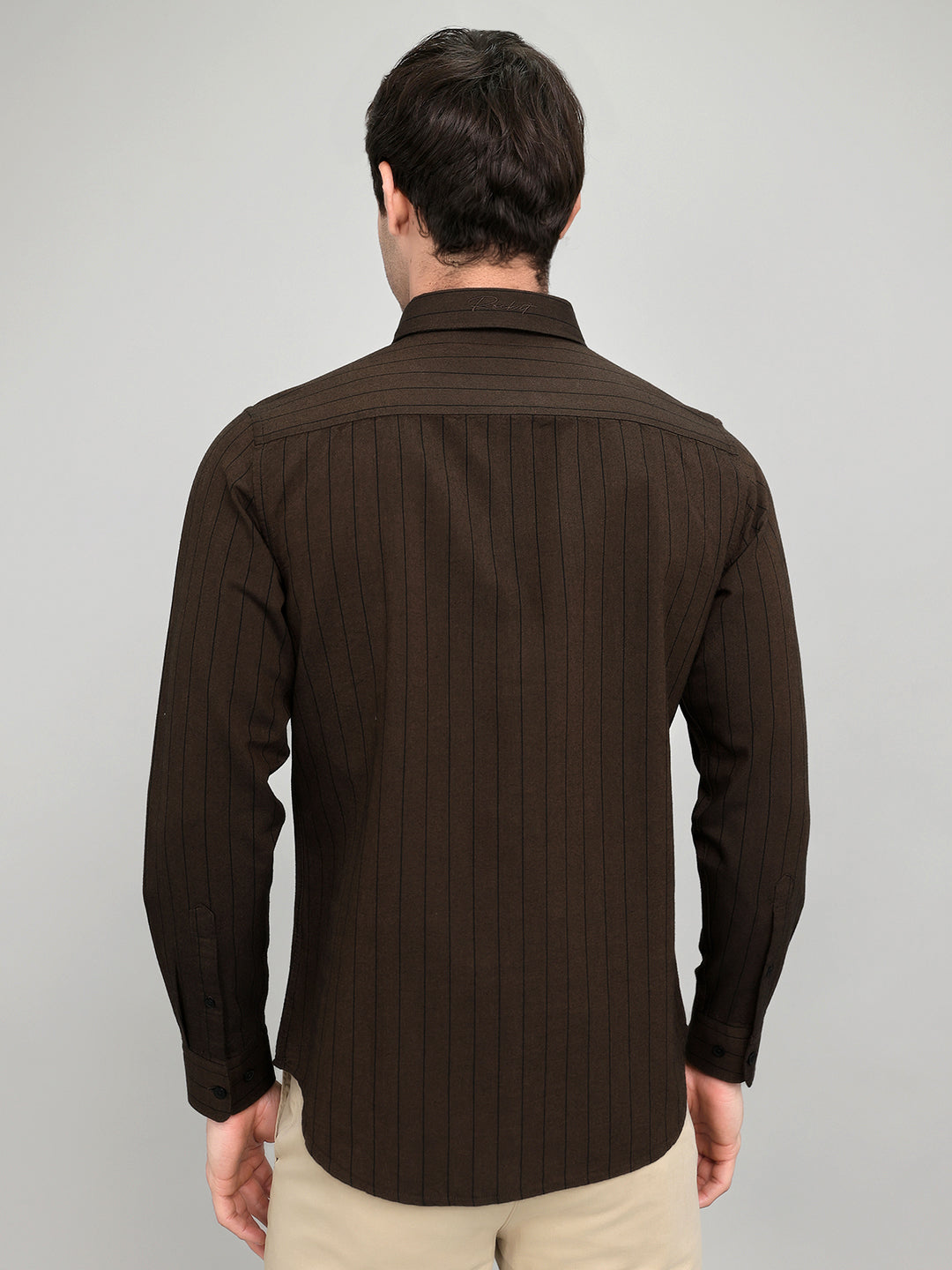 Rock.it Men Brown Stripe Collar Full Sleeve Shirt