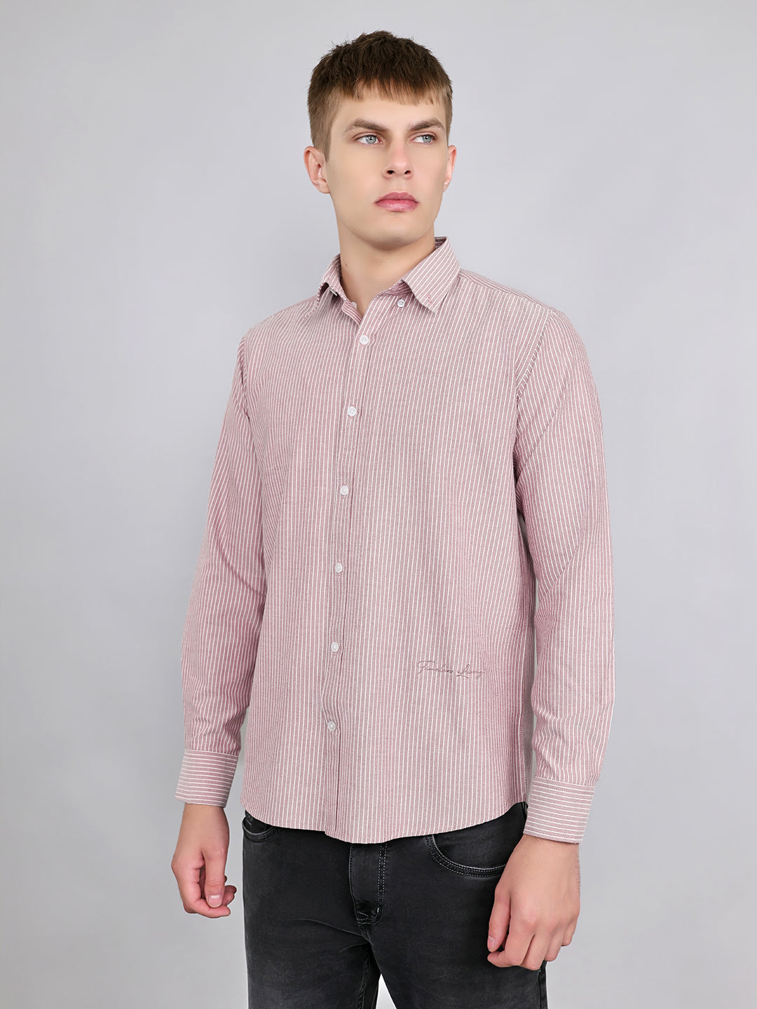 Rock.it Men Mauve Stripe Collar Full Sleeve Shirt