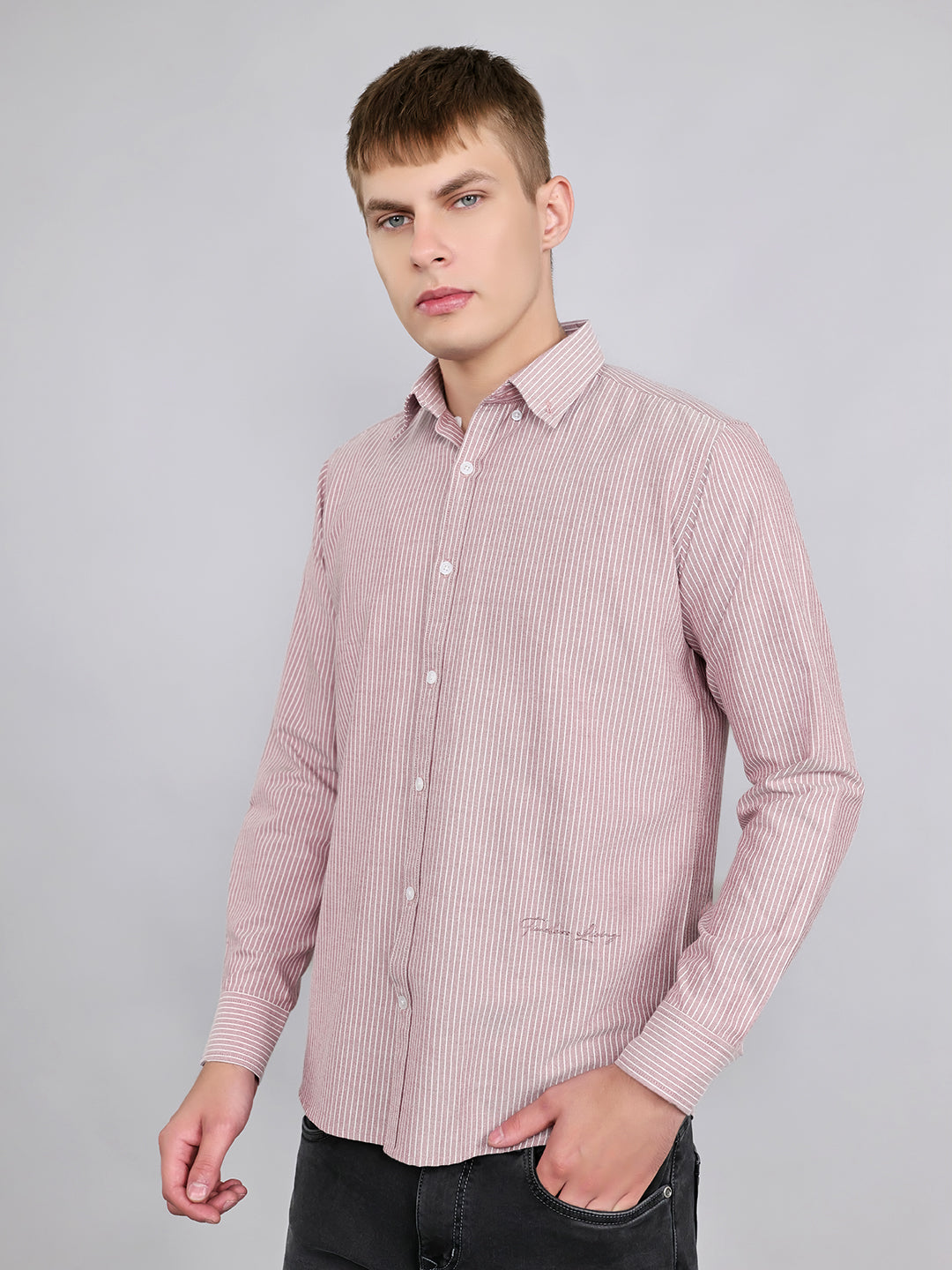 Rock.it Men Mauve Stripe Collar Full Sleeve Shirt