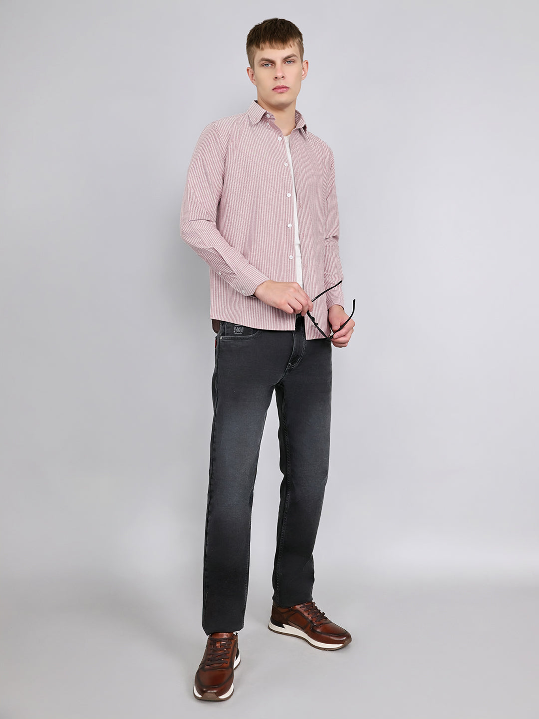 Rock.it Men Mauve Stripe Collar Full Sleeve Shirt
