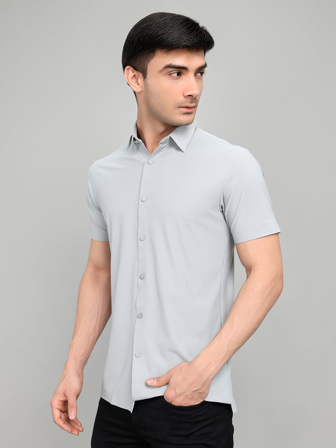 Rock.it Men Grey Solid Collar Half Sleeve Shirt