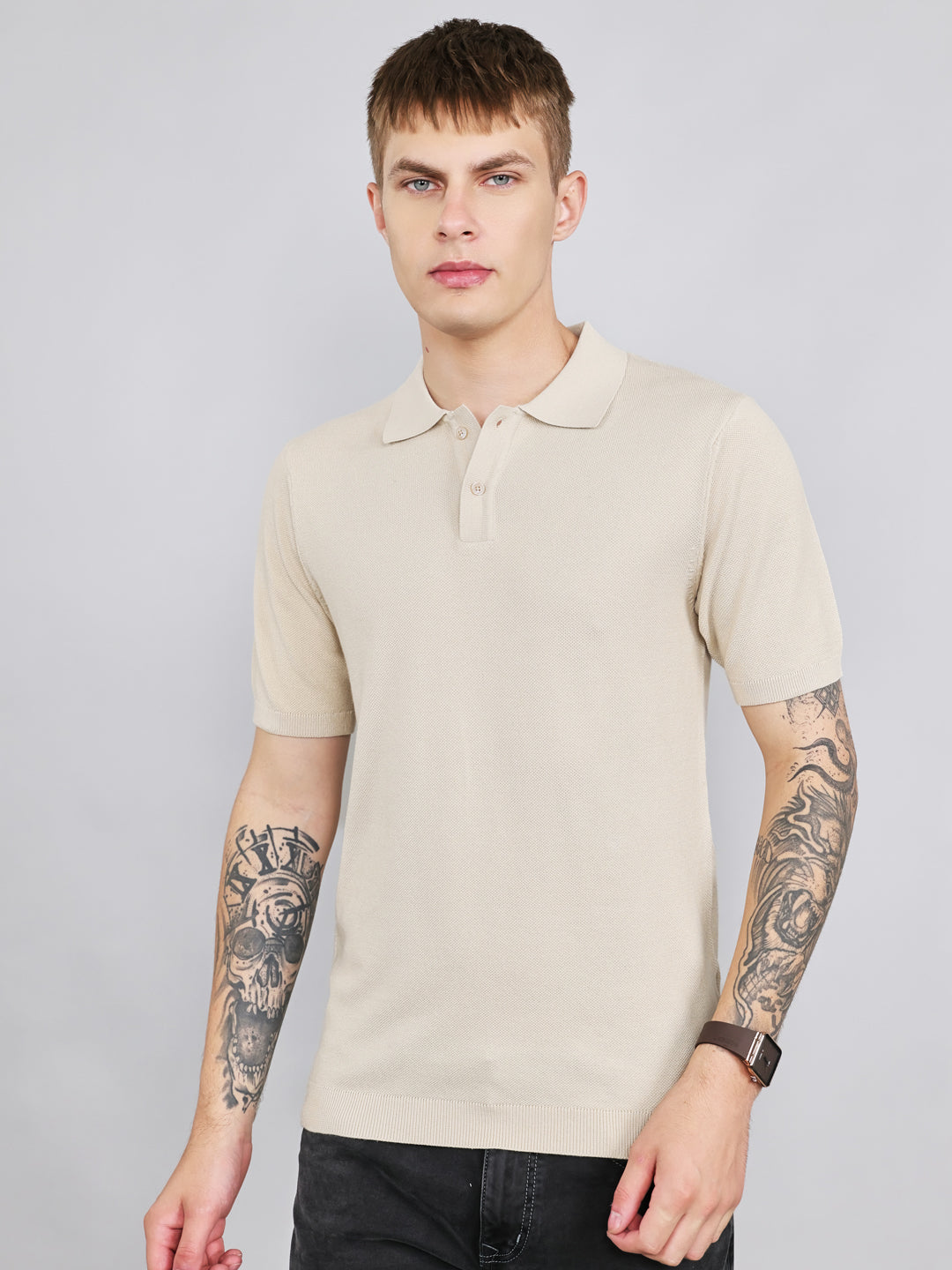 Rock.it Men Beige Solid Collar Half Sleeve T-Shirt