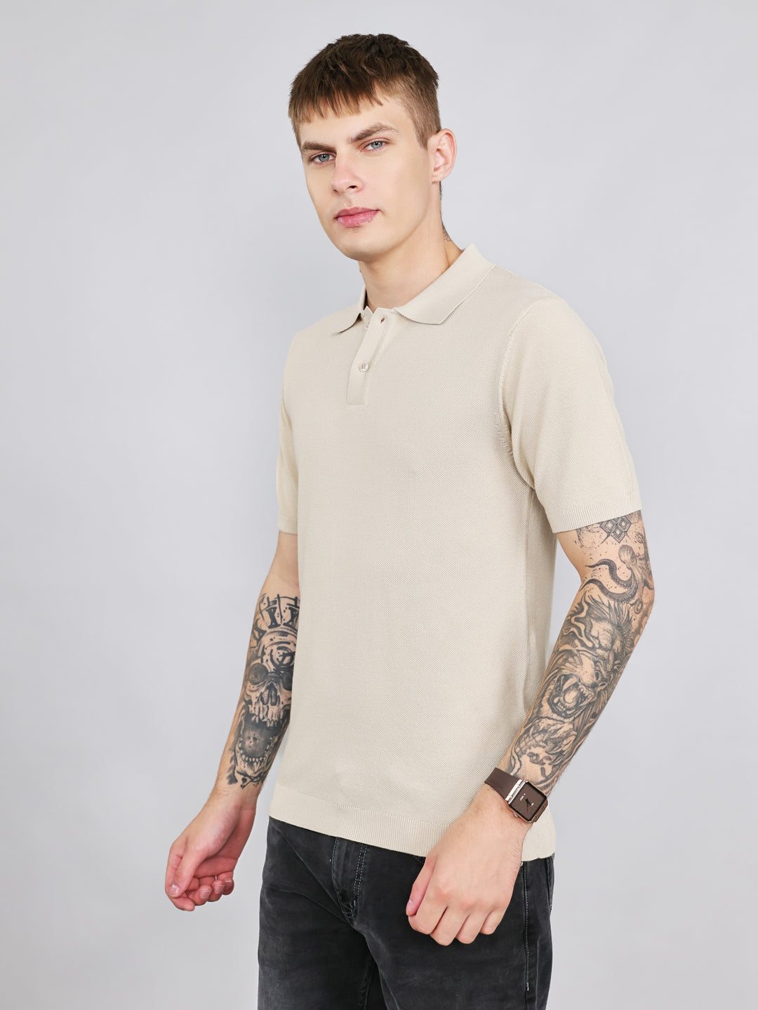 Rock.it Men Beige Solid Collar Half Sleeve T-Shirt