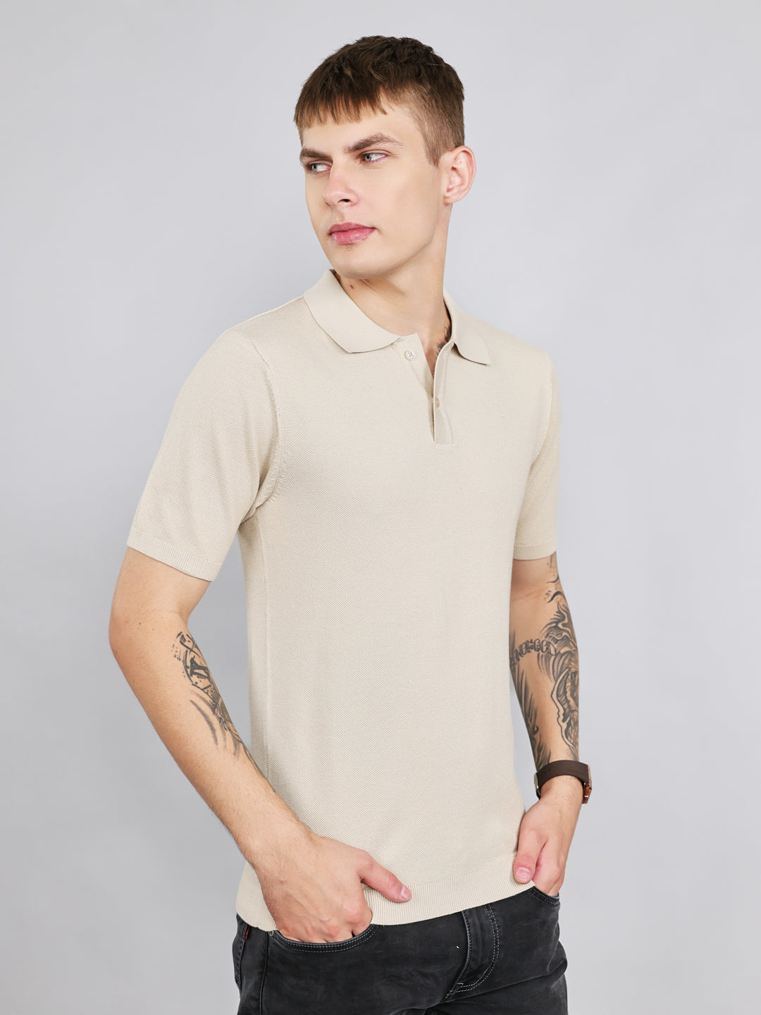 Rock.it Men Beige Solid Collar Half Sleeve T-Shirt