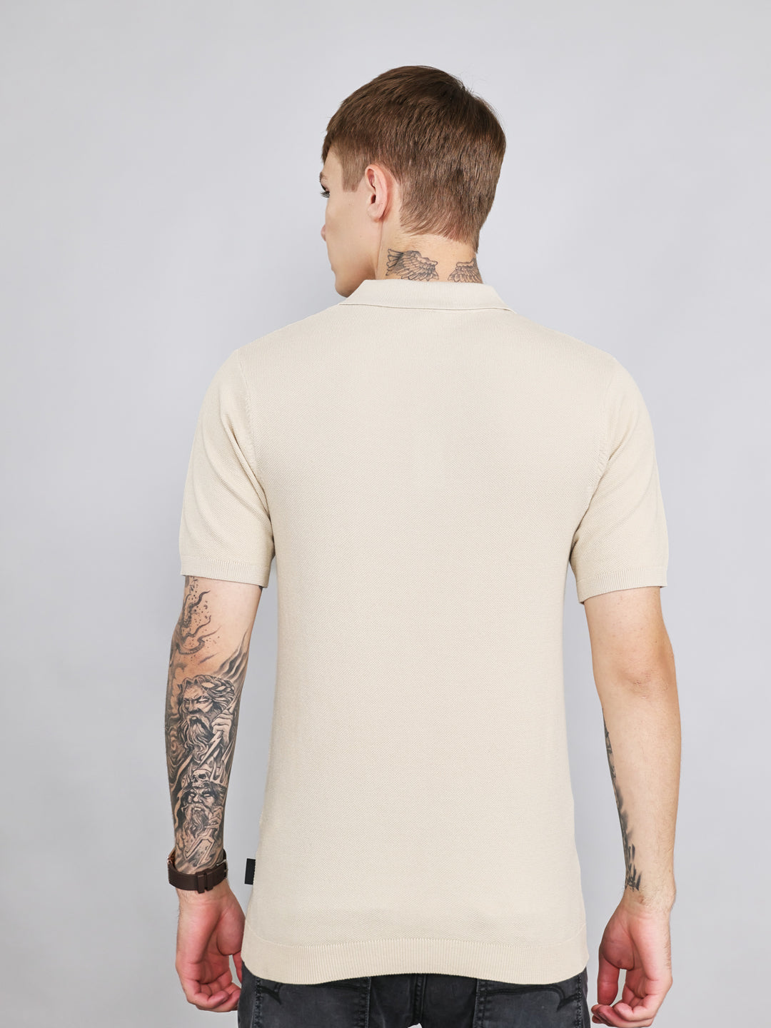 Rock.it Men Beige Solid Collar Half Sleeve T-Shirt