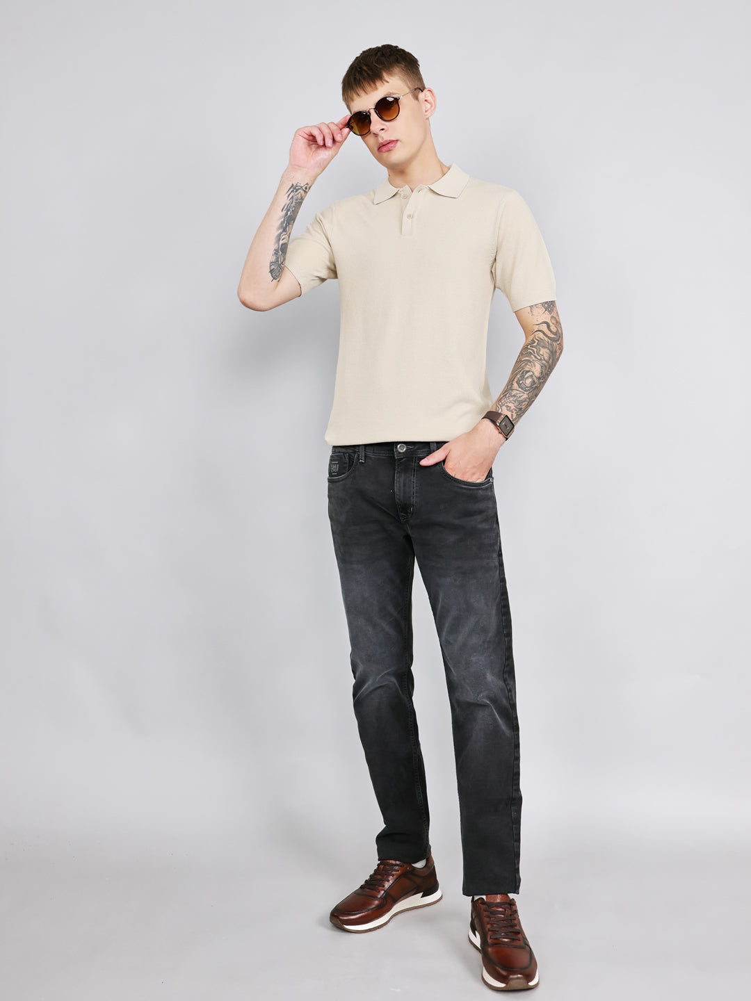 Rock.it Men Beige Solid Collar Half Sleeve T-Shirt