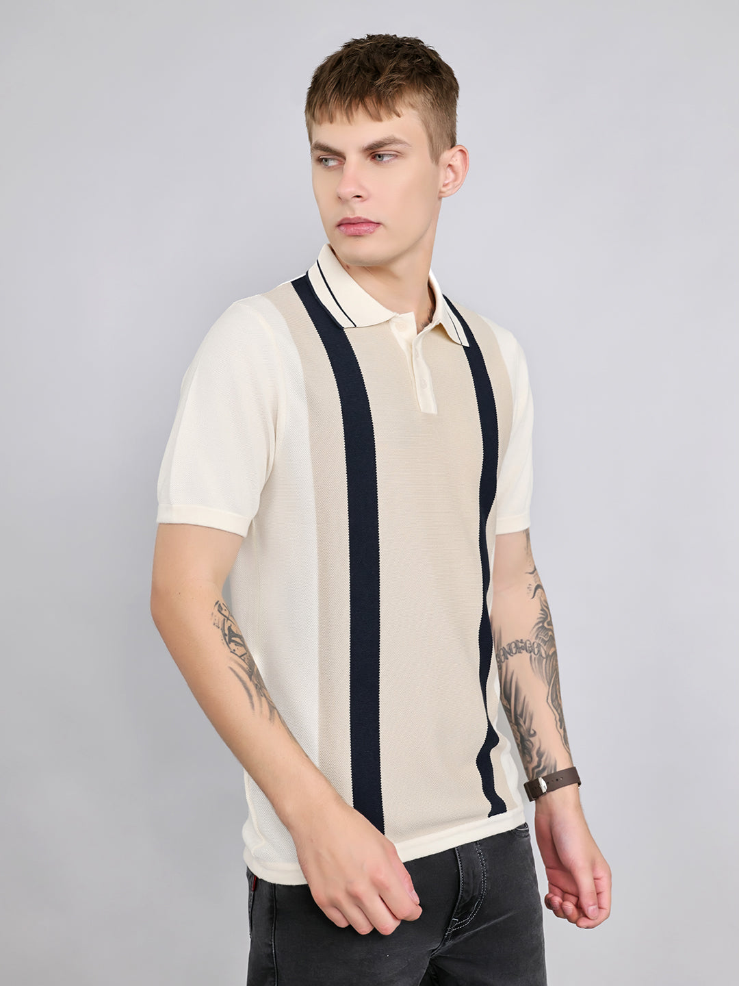 Rock.it Men Cream Stripe Collar Half Sleeve T-Shirt