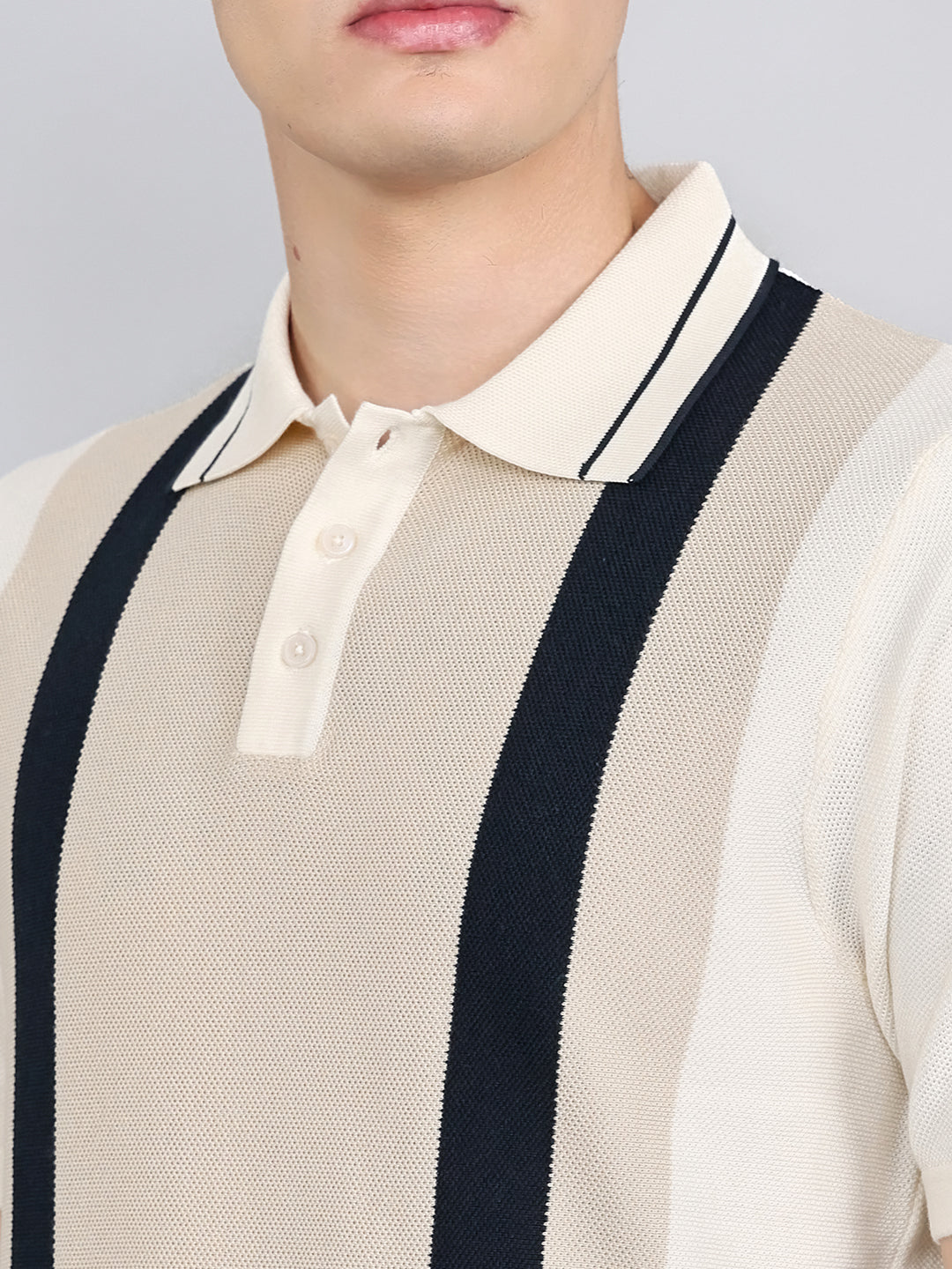 Rock.it Men Cream Stripe Collar Half Sleeve T-Shirt