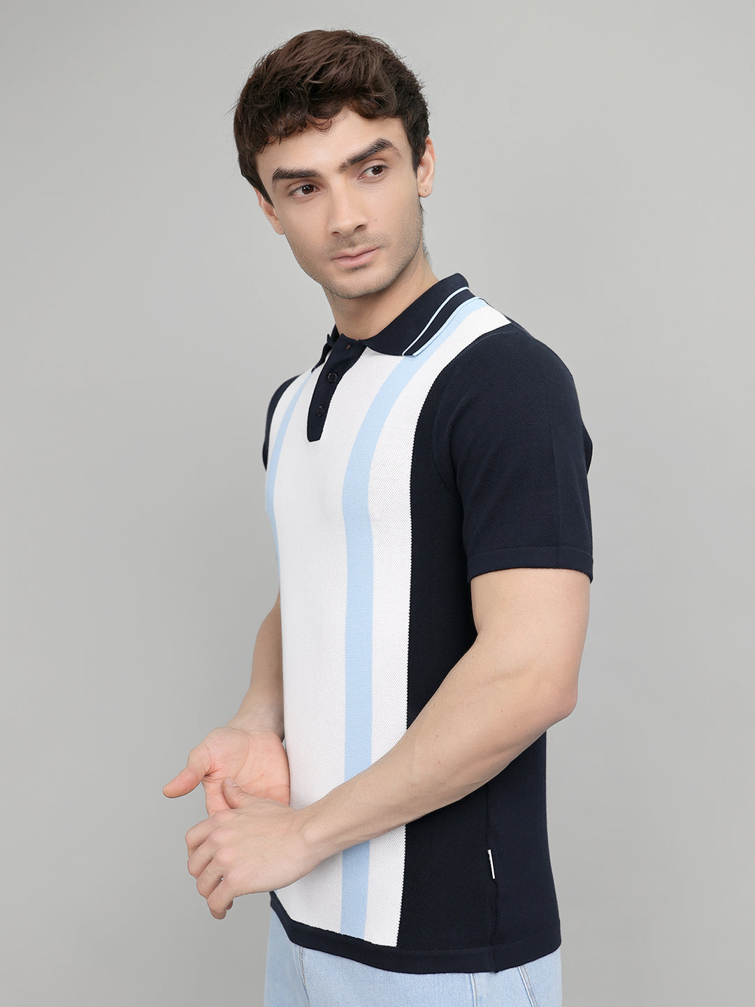 Rock.it Men Navy Blue Stripe Collar Half Sleeve T-Shirt