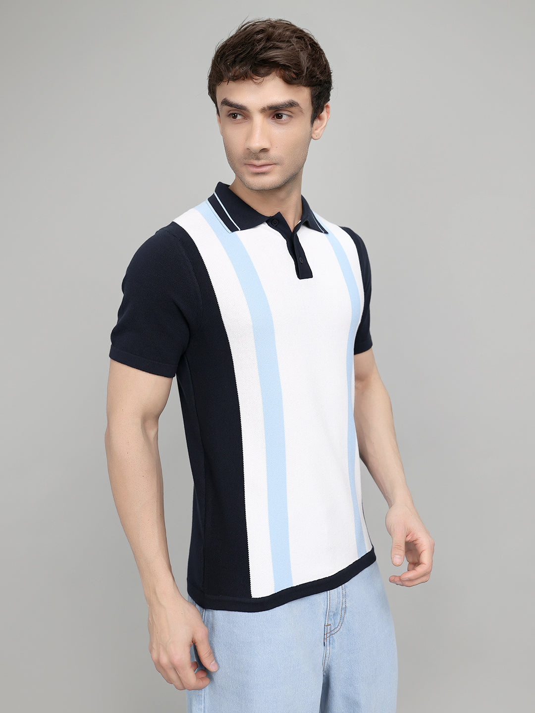 Rock.it Men Navy Blue Stripe Collar Half Sleeve T-Shirt
