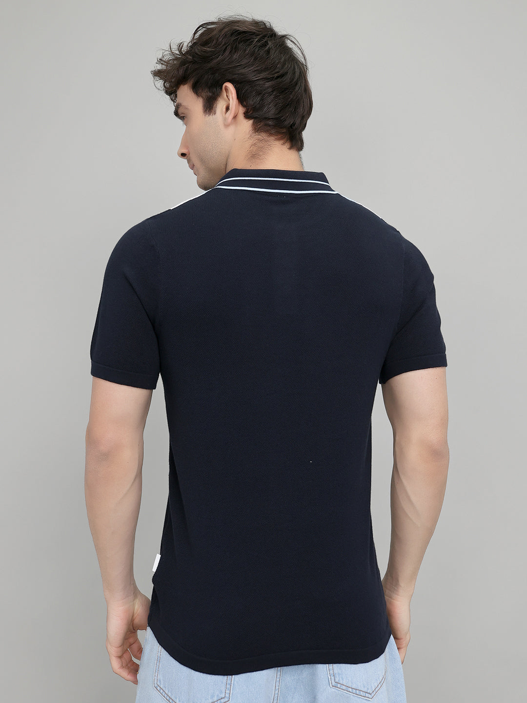 Rock.it Men Navy Blue Stripe Collar Half Sleeve T-Shirt