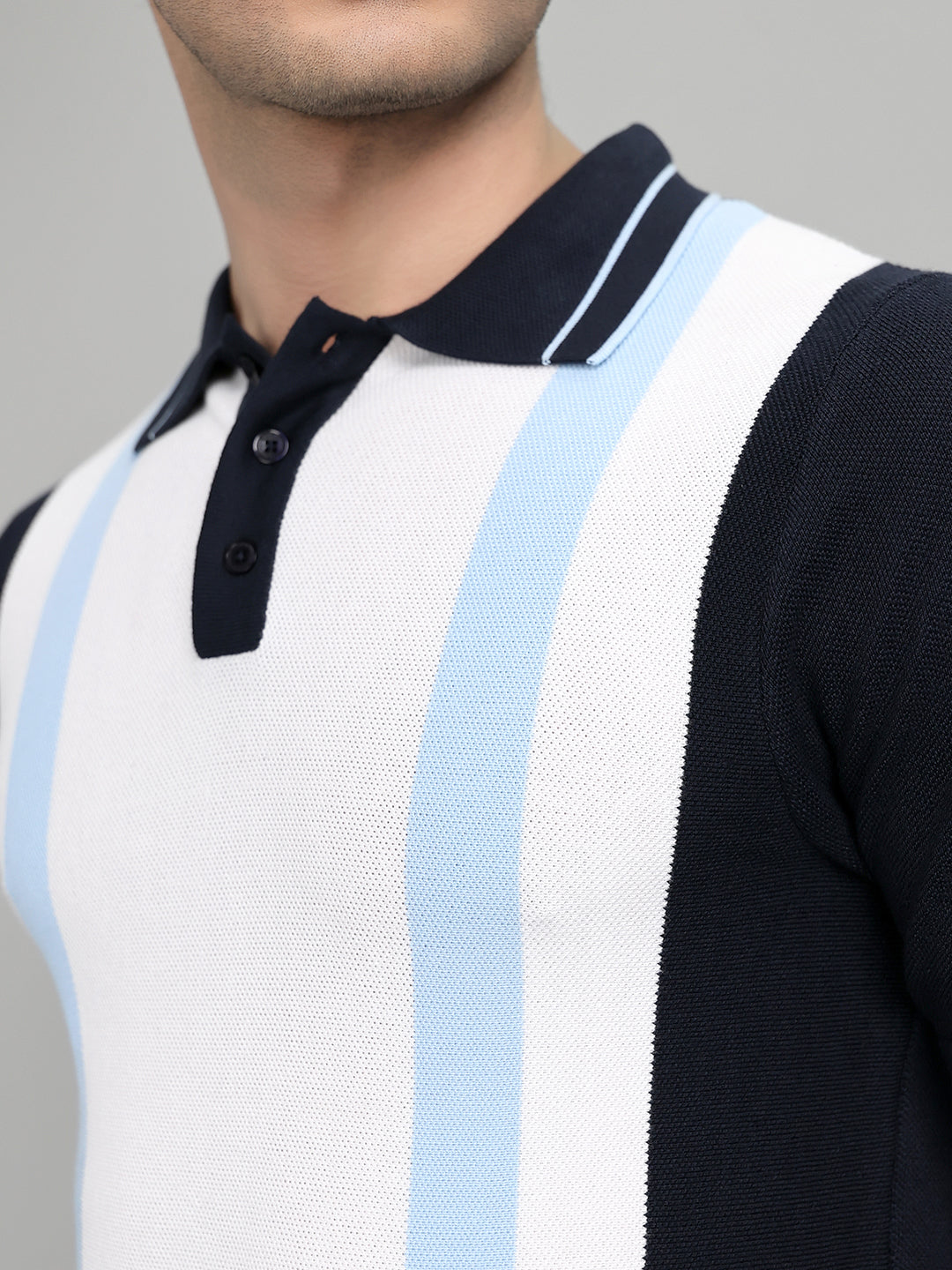 Rock.it Men Navy Blue Stripe Collar Half Sleeve T-Shirt