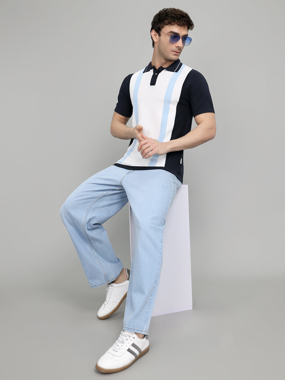 Rock.it Men Navy Blue Stripe Collar Half Sleeve T-Shirt