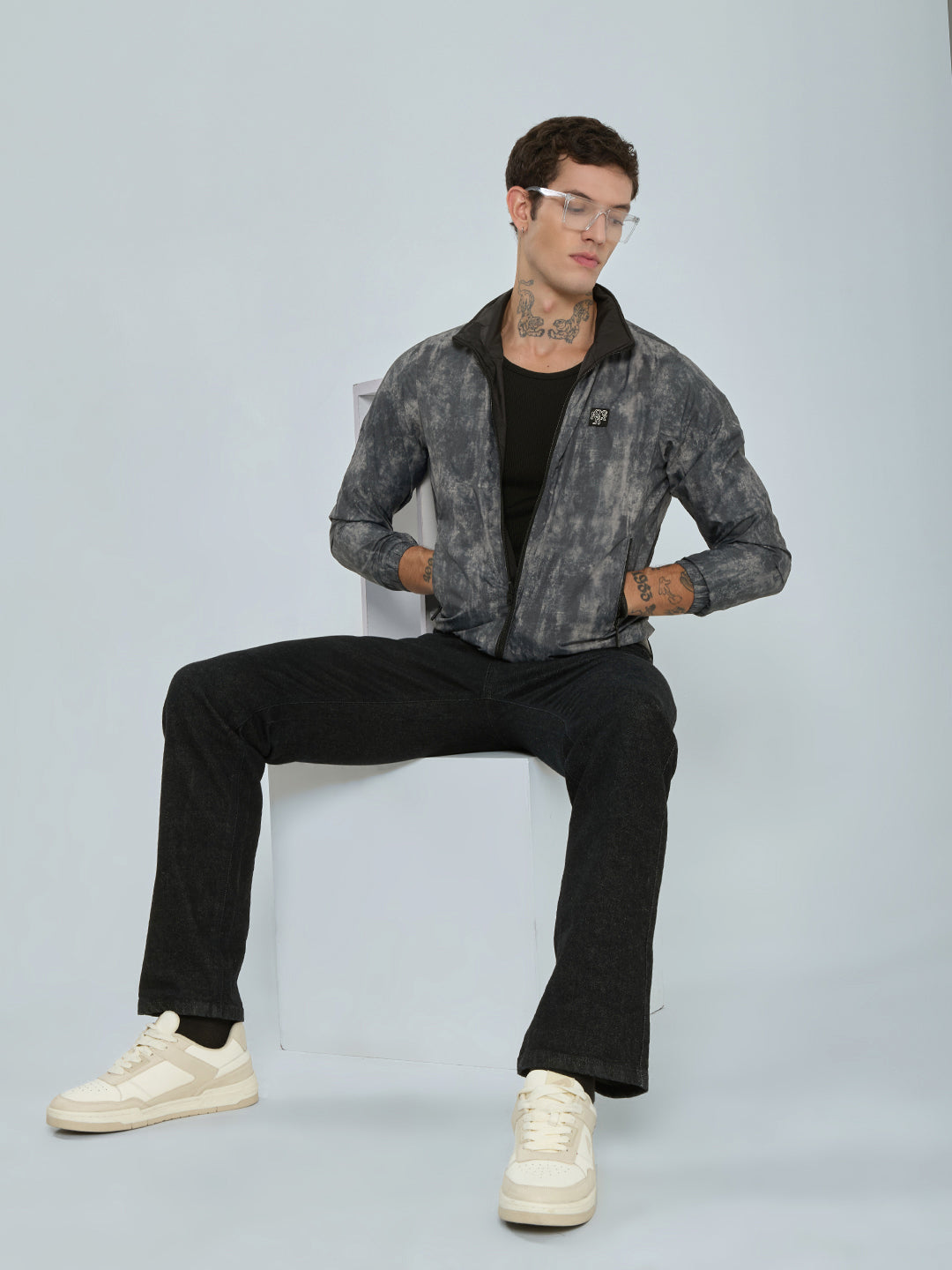 Rock.it Men Grey Tie & Dye Reversible Turtle Neck Full Sleeve Windcheater