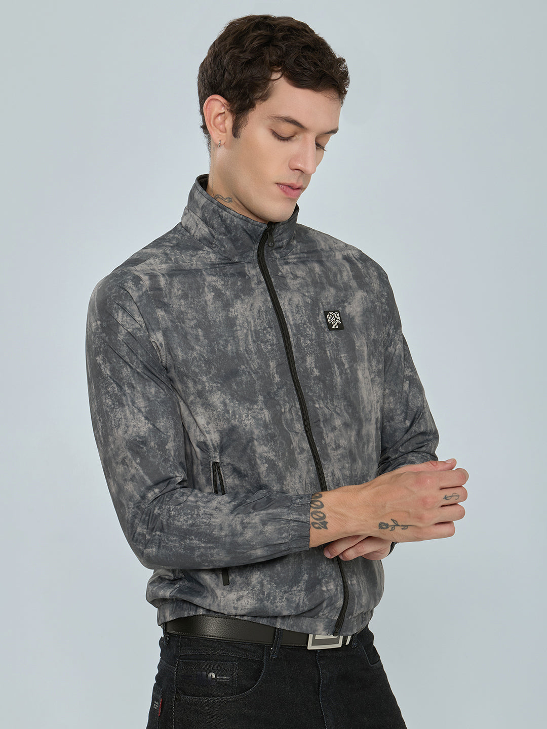 Rock.it Men Grey Tie & Dye Reversible Turtle Neck Full Sleeve Windcheater