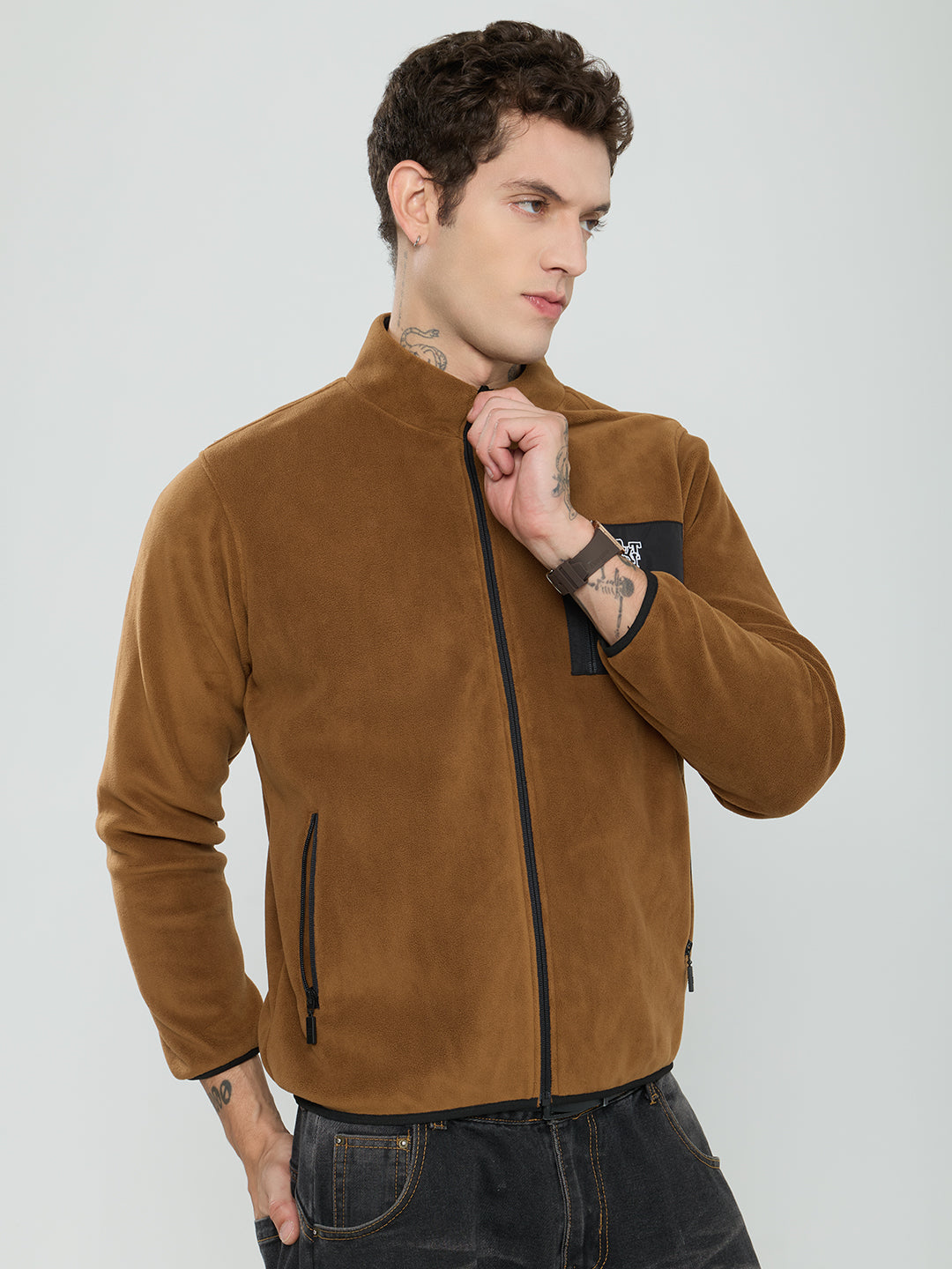 Rock.it Men Tan Solid Turtle Neck Full Sleeve Reversible Sherpa Jacket