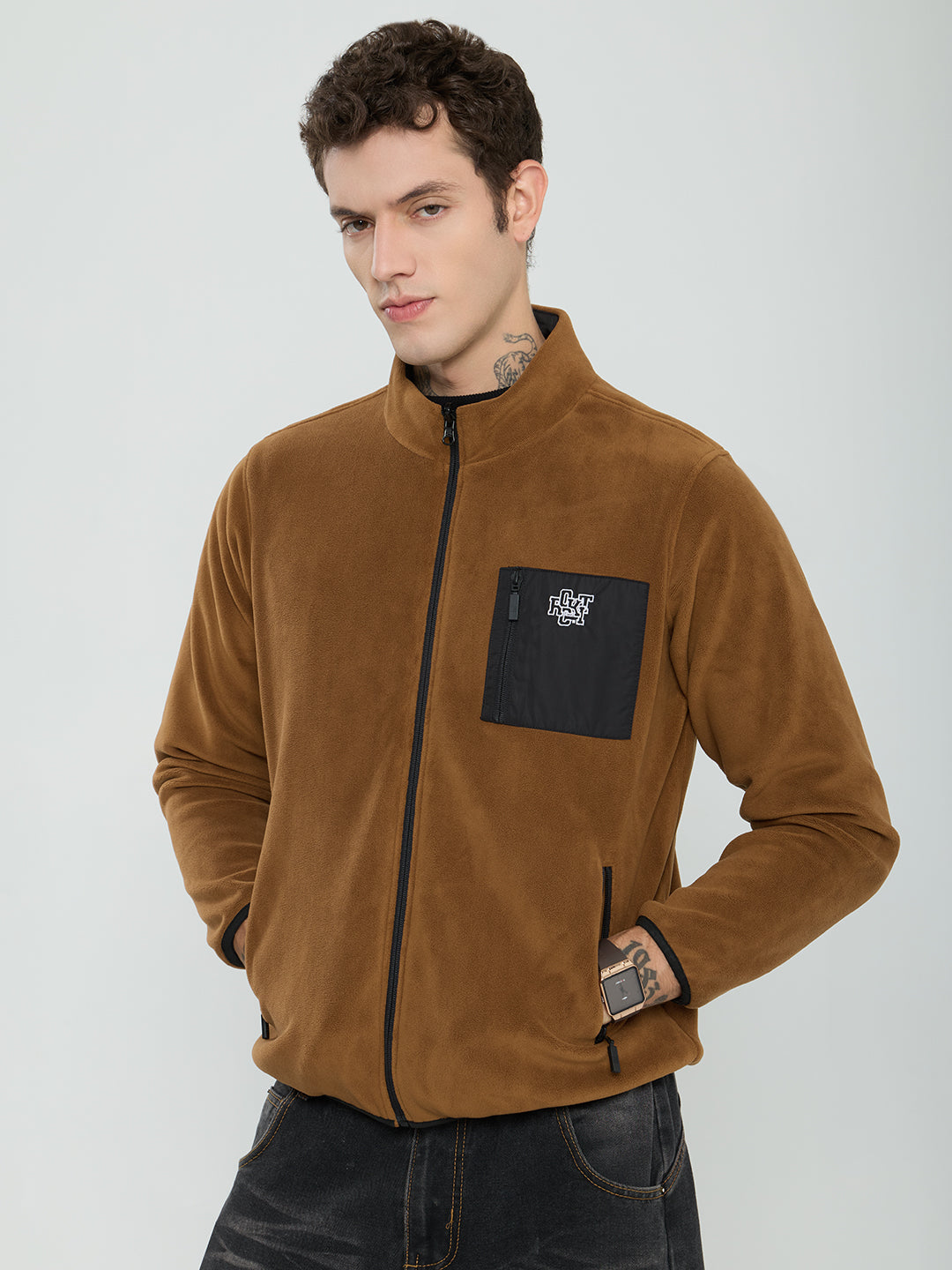 Rock.it Men Tan Solid Turtle Neck Full Sleeve Reversible Sherpa Jacket