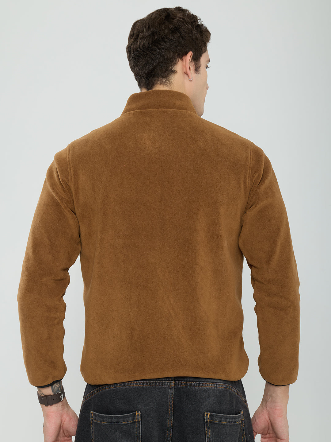 Rock.it Men Tan Solid Turtle Neck Full Sleeve Reversible Sherpa Jacket