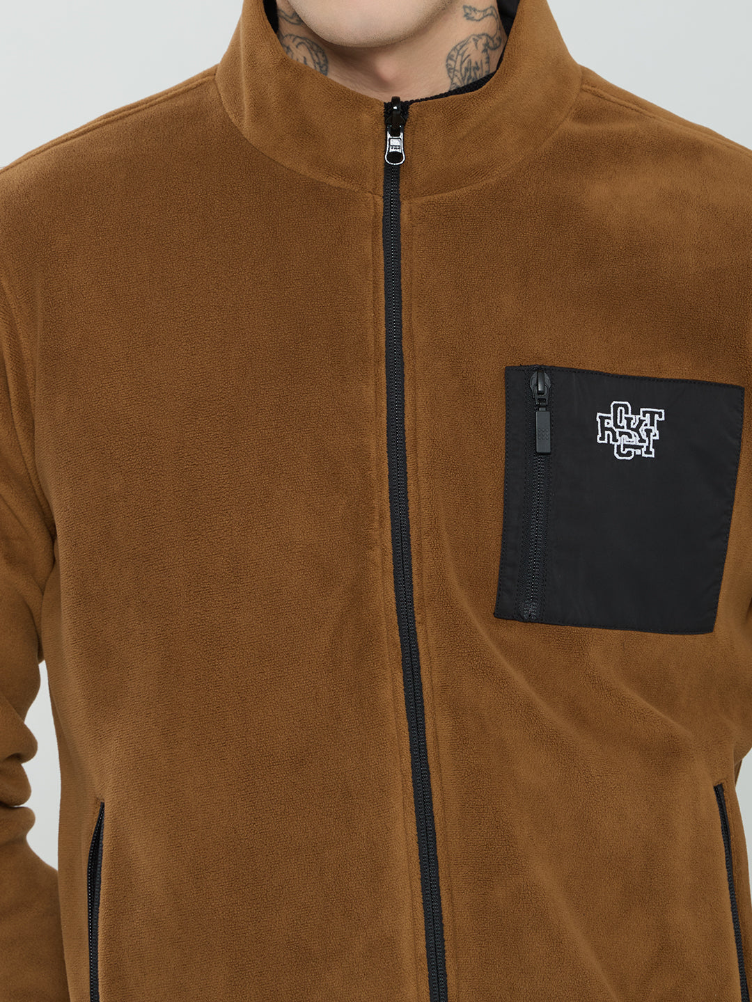 Rock.it Men Tan Solid Turtle Neck Full Sleeve Reversible Sherpa Jacket