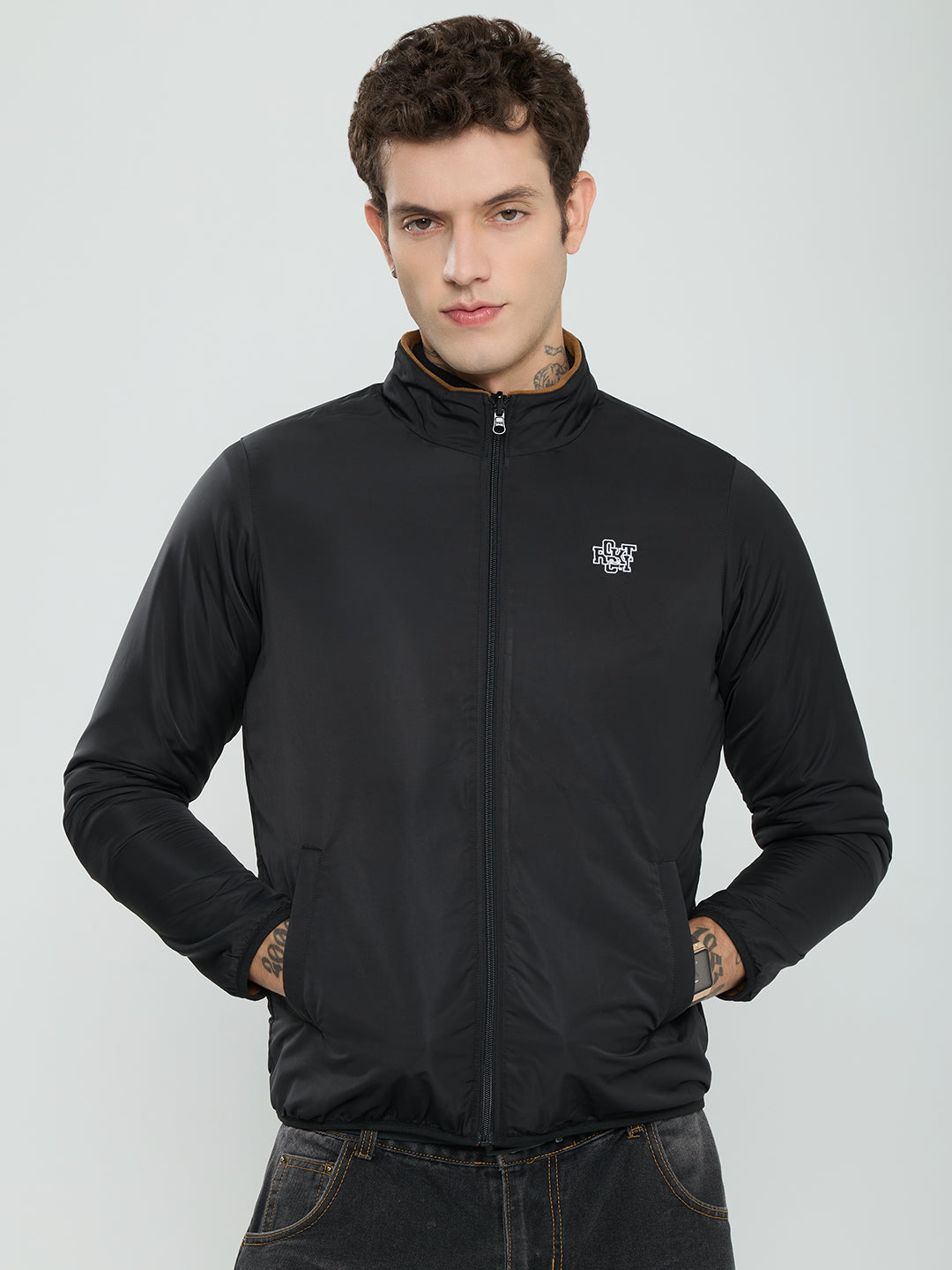 Rock.it Men Tan Solid Turtle Neck Full Sleeve Reversible Sherpa Jacket