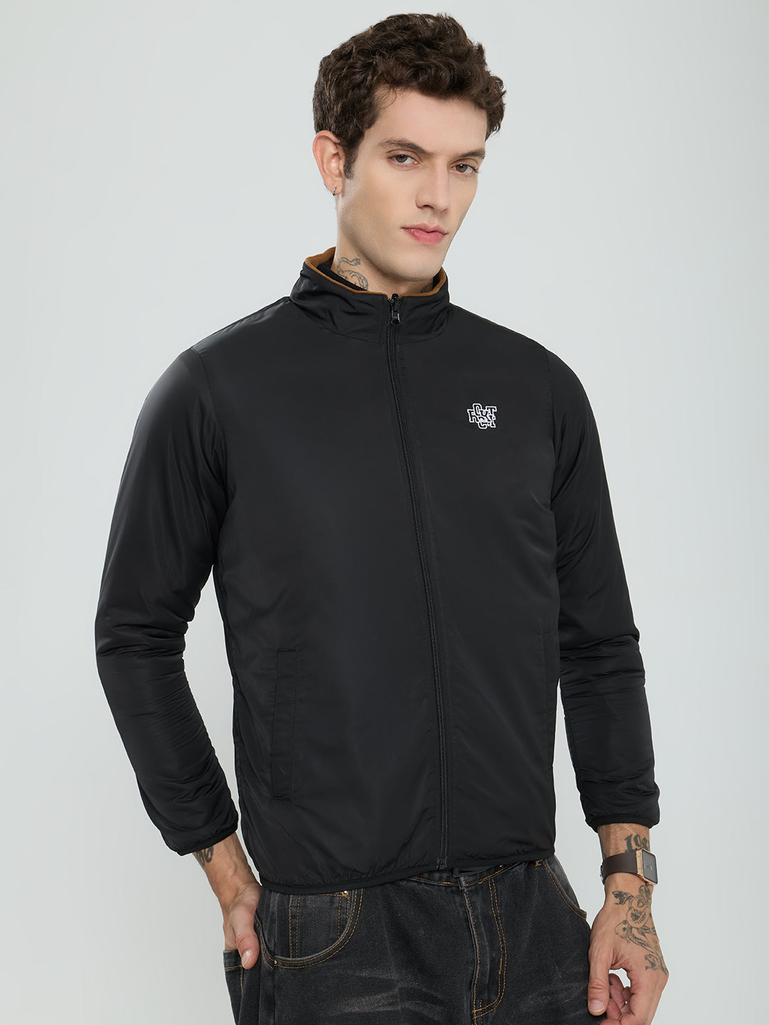 Rock.it Men Tan Solid Turtle Neck Full Sleeve Reversible Sherpa Jacket