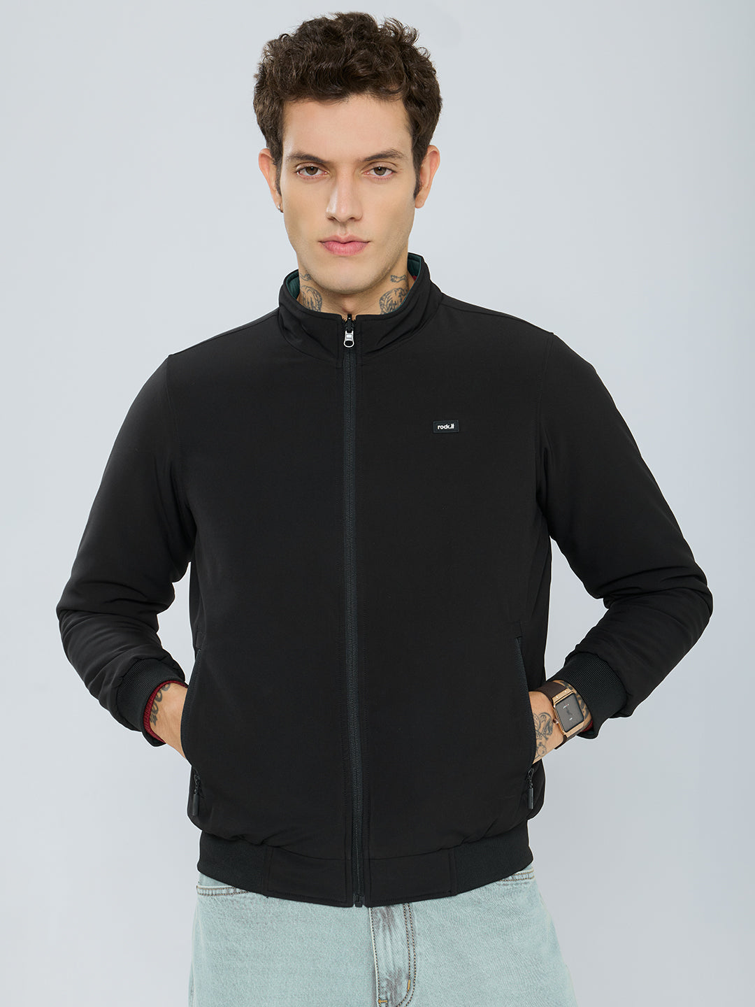Rock.it Men Black Solid Collar Full Sleeve Reversible Jacket