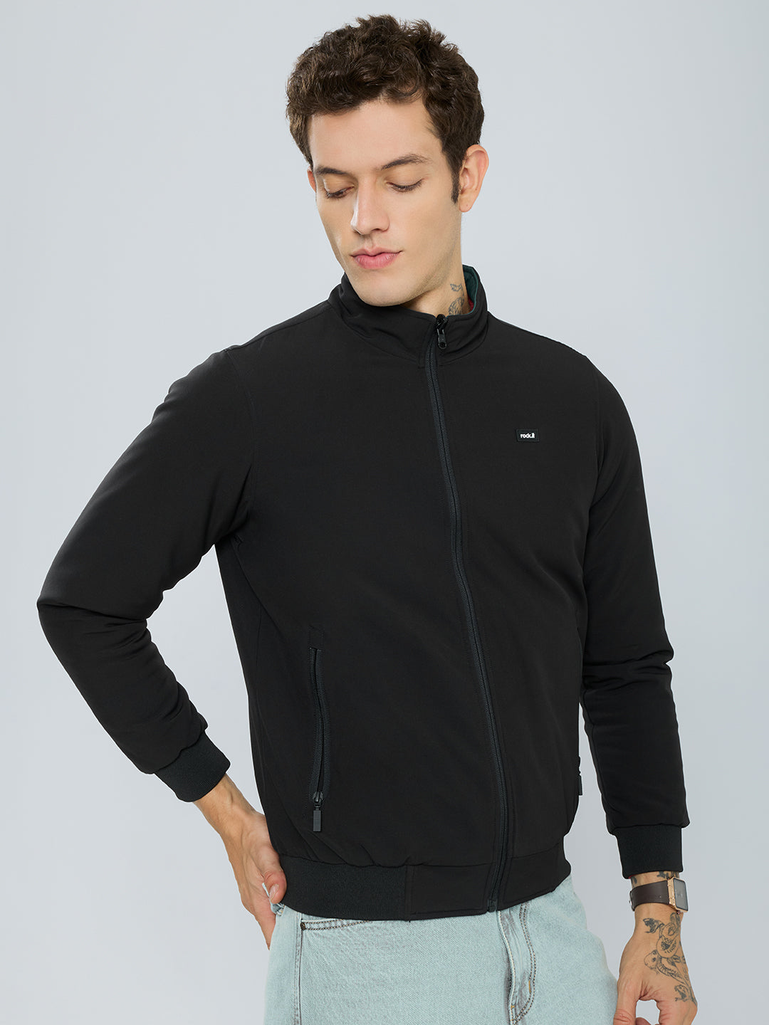 Rock.it Men Black Solid Collar Full Sleeve Reversible Jacket