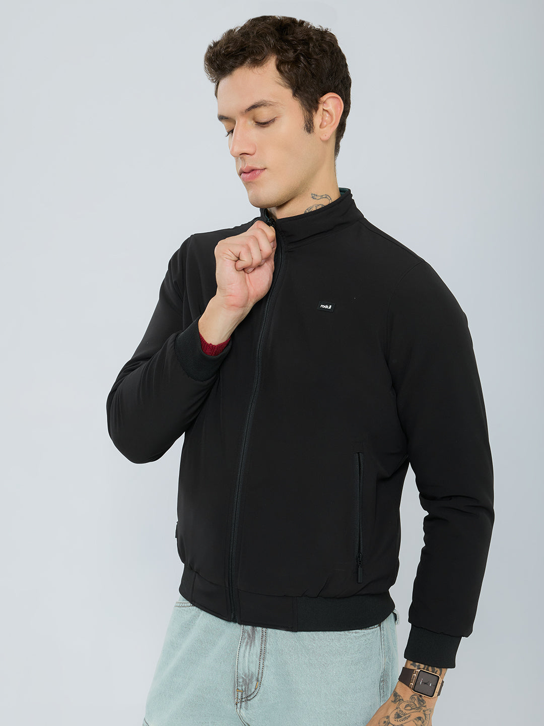 Rock.it Men Black Solid Collar Full Sleeve Reversible Jacket