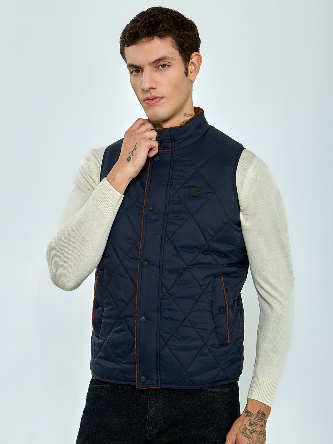Rock.it Men Navy Blue Solid Collar Sleeveless Puffer Jacket