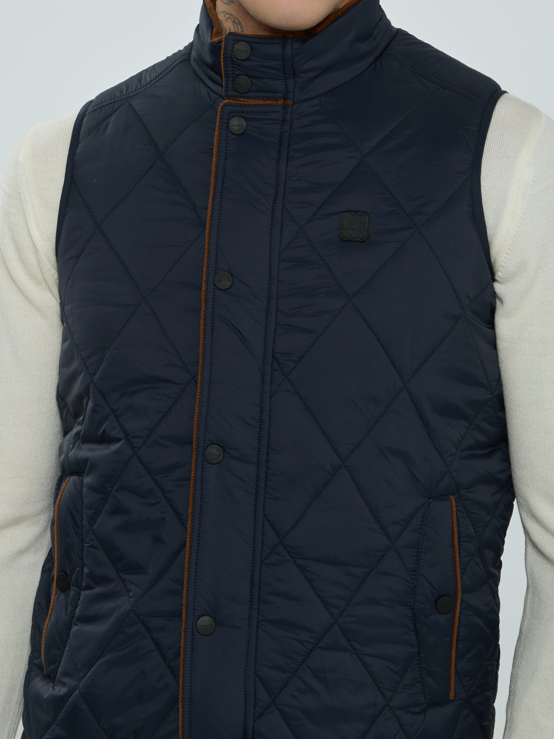 Rock.it Men Navy Blue Solid Collar Sleeveless Puffer Jacket