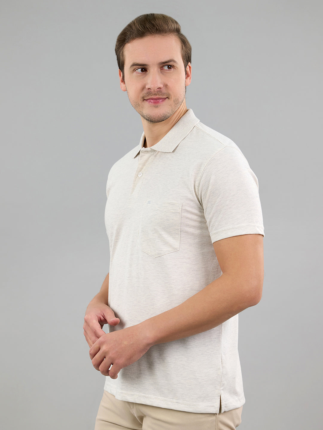 Men Off White Solid Polo Collar Half Sleeve T-Shirt