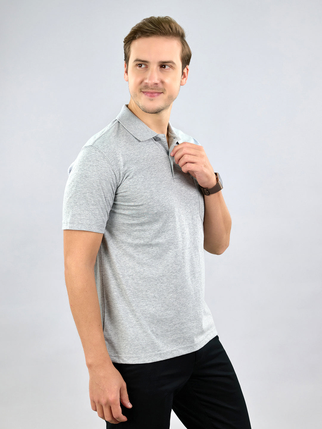 Men Grey Solid Polo Collar Half Sleeve T-Shirt