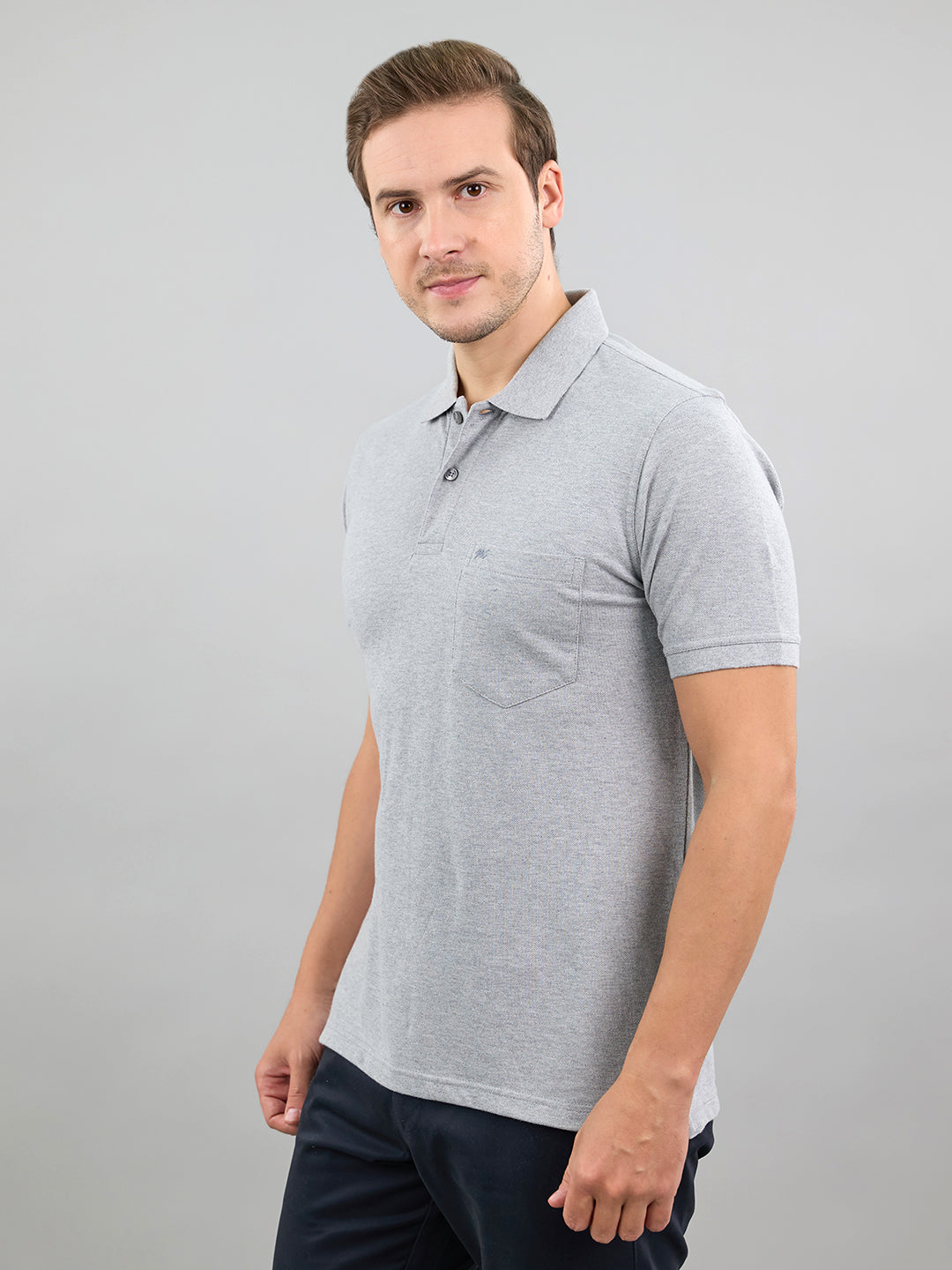 Men Grey Solid Polo Collar Half Sleeve T-Shirt
