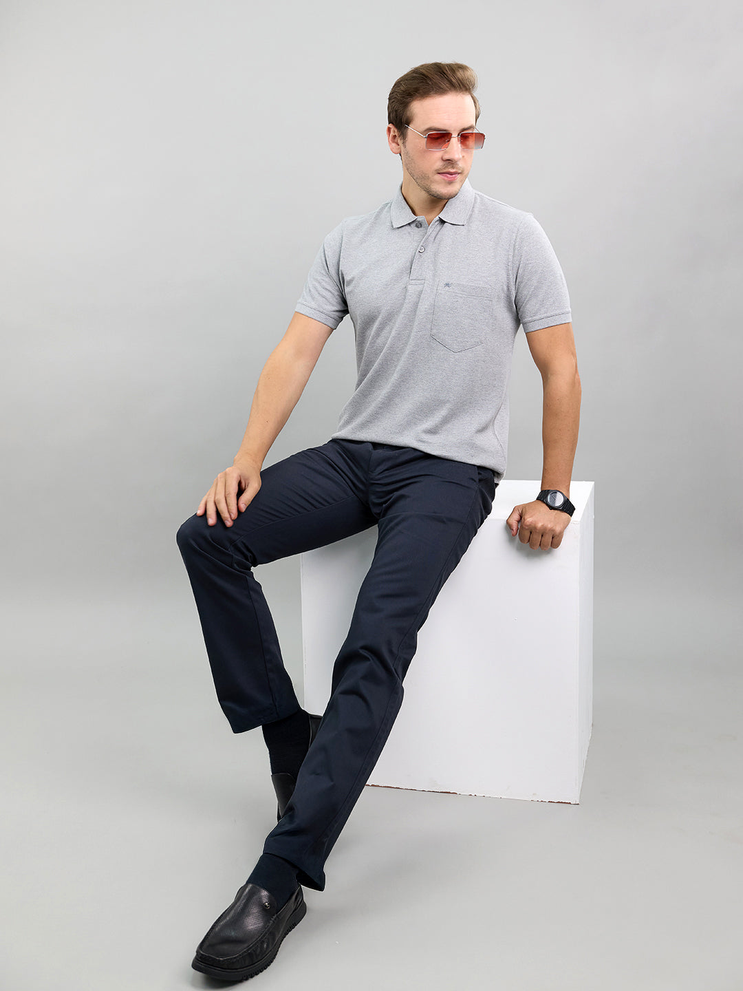 Men Grey Solid Polo Collar Half Sleeve T-Shirt