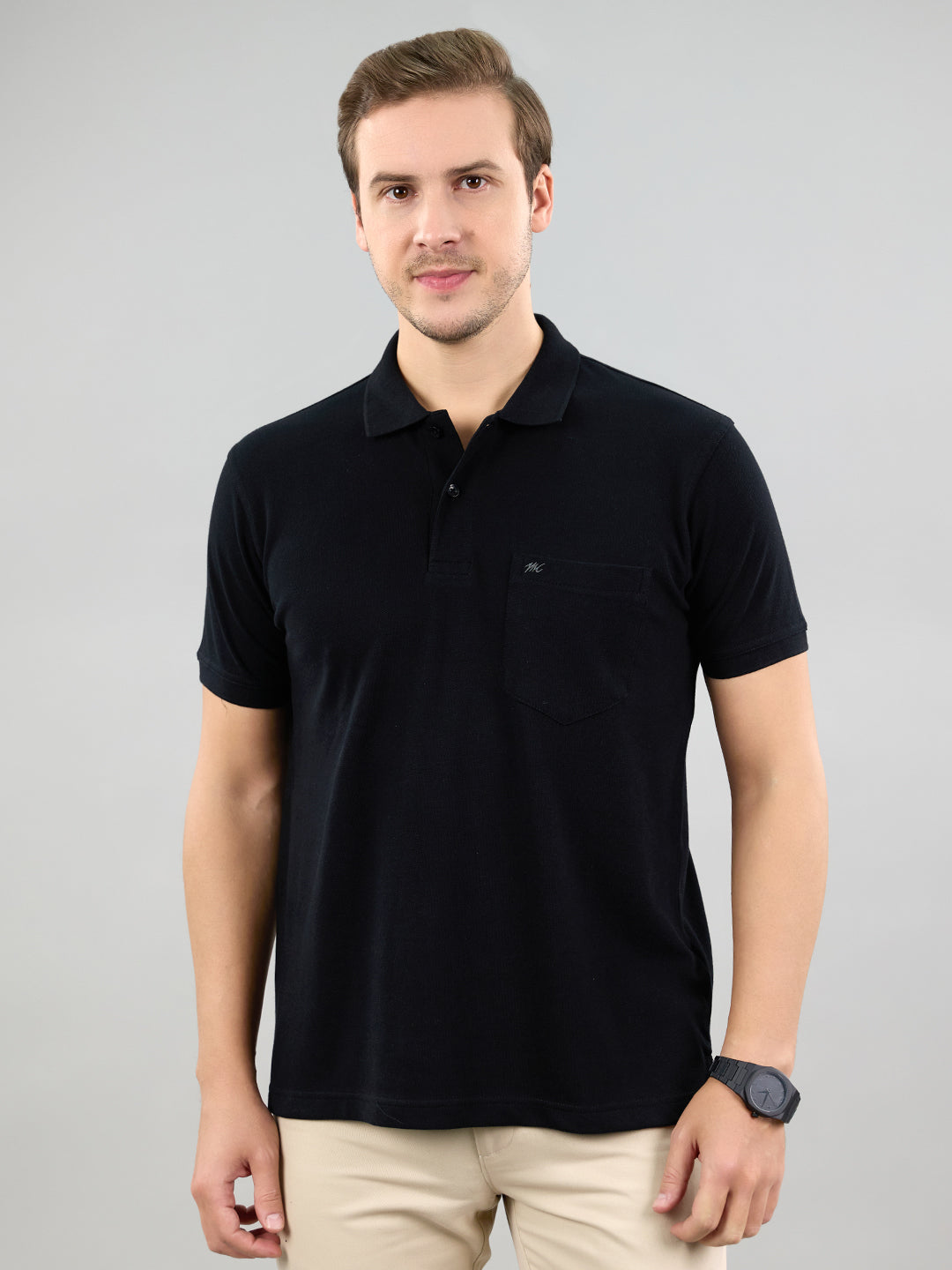 Men Black Solid Polo Collar Half Sleeve T-Shirt